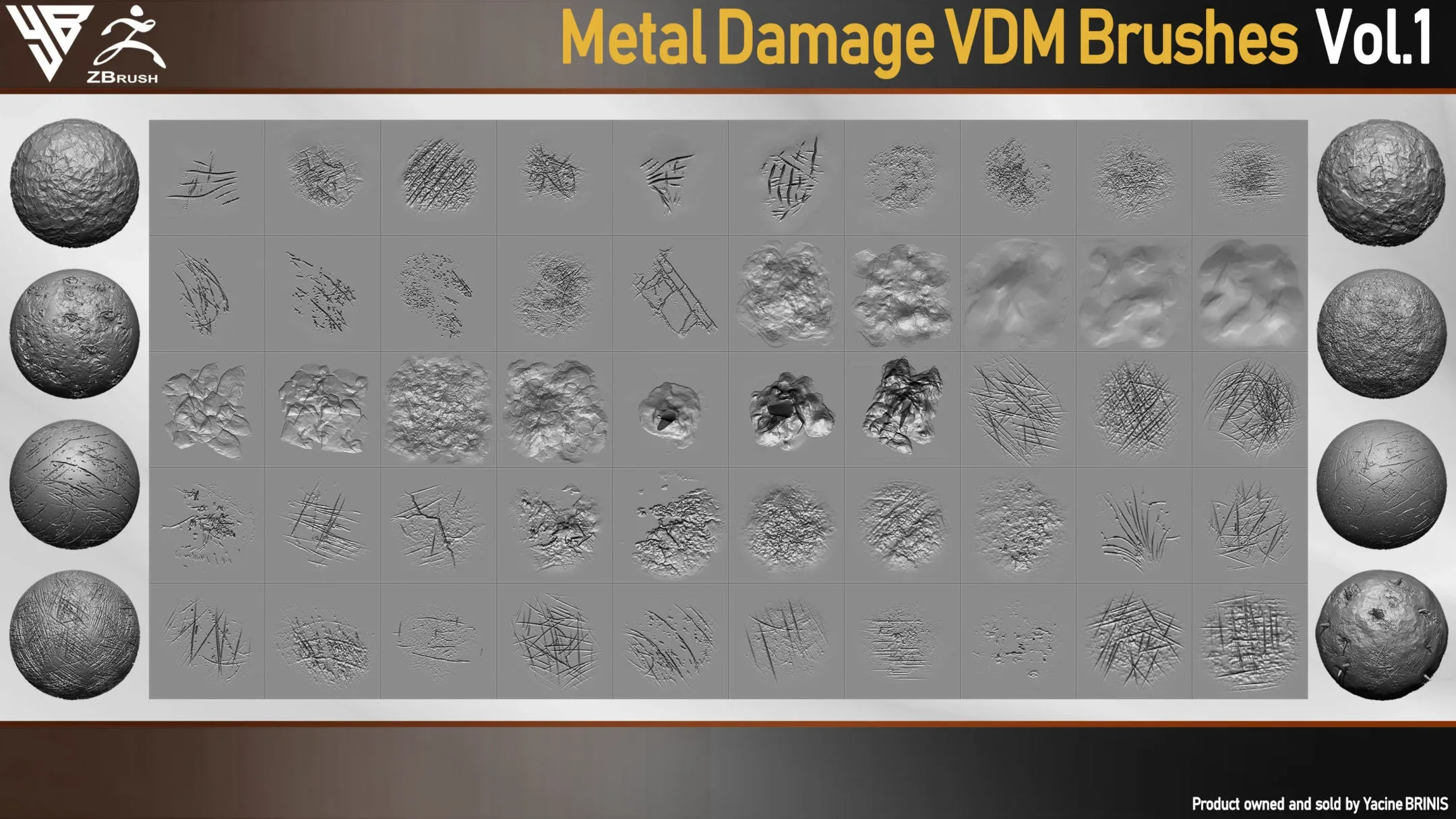 50 VDM Metal Damage Brushes for ZBrush + 50 Alphas. Vol 1 (Metal Textures)