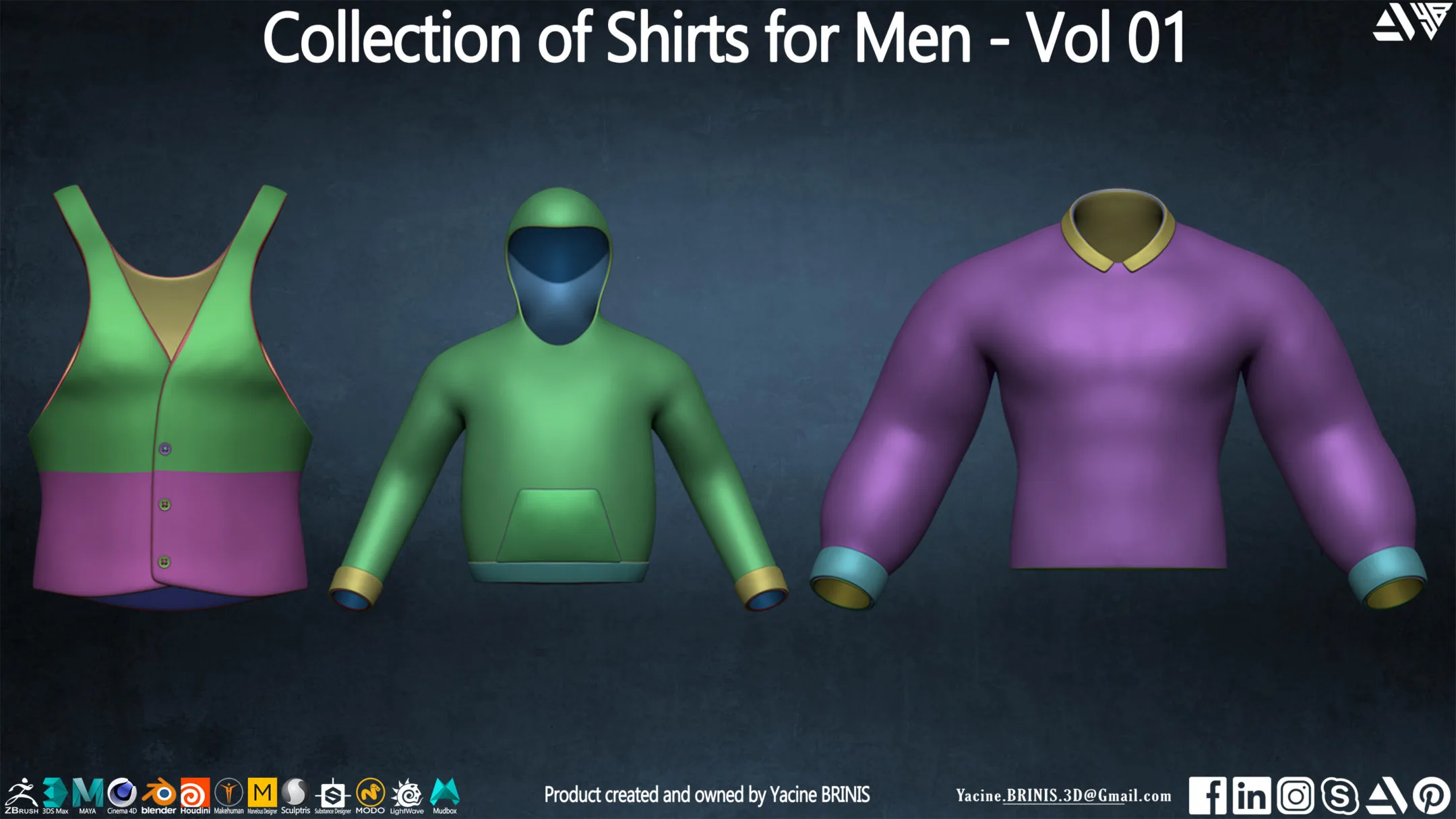 Collection of Shirts for Men - Vol 01 (24 Brushes for ZBrush, & 3D Files)