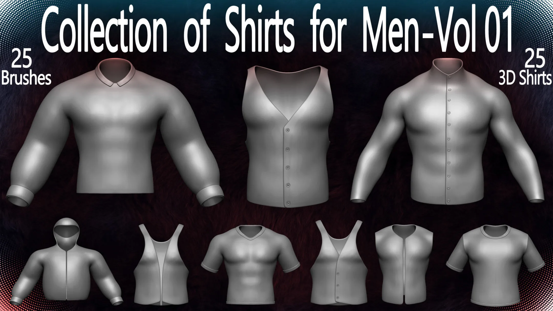 Collection of Shirts for Men - Vol 01 (24 Brushes for ZBrush, & 3D Files)