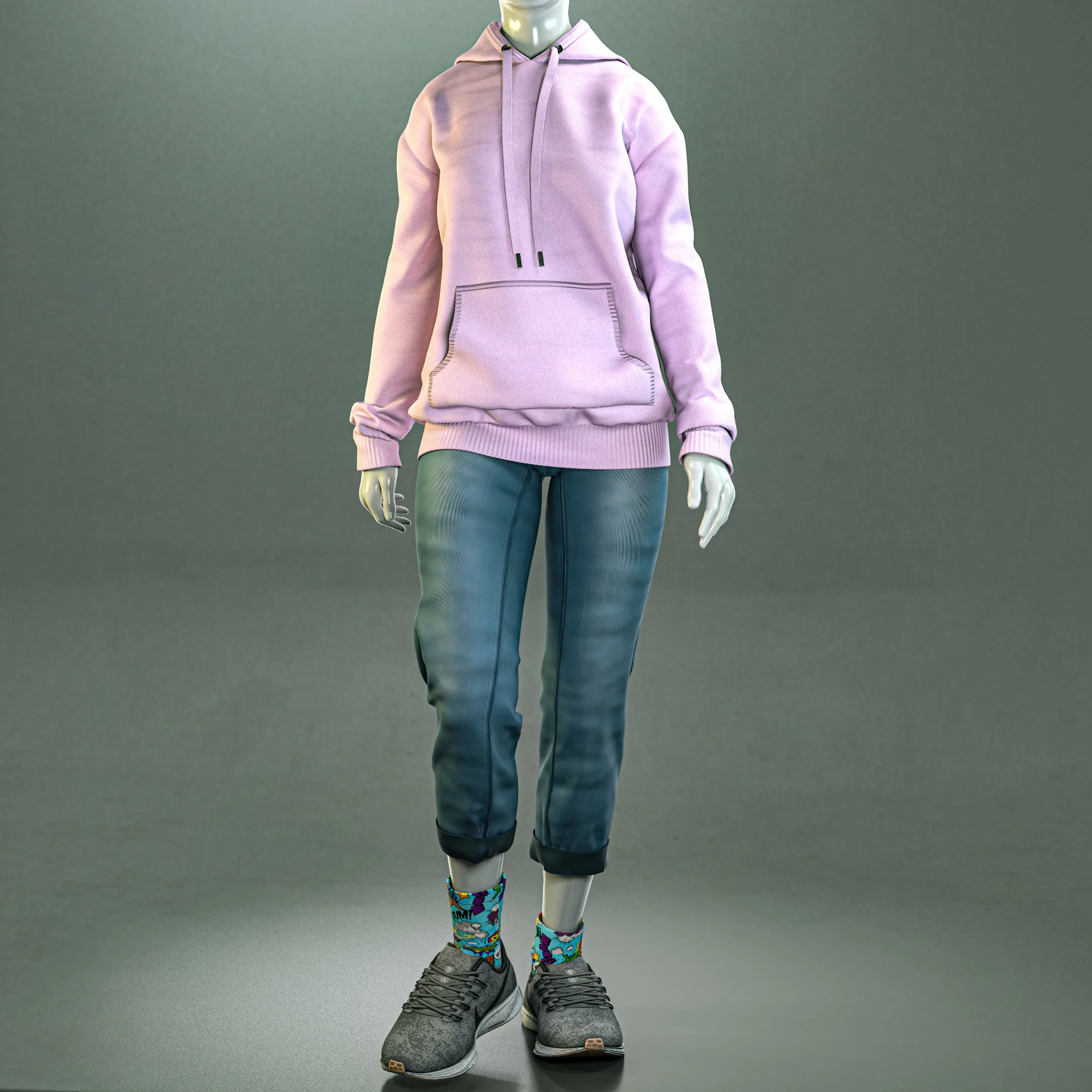 Hoodie & mom jeans (Marvelous Designer & Clo3d & FBX & OBJ & Texture)