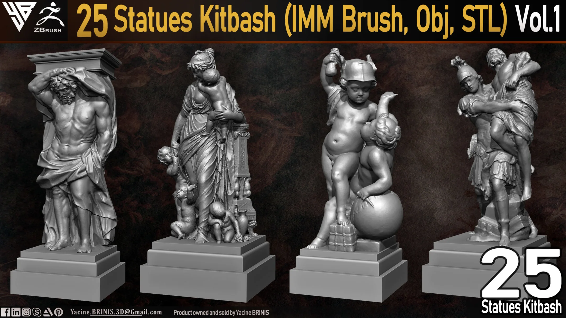 25 Statues Kitbash (IMM Brush, Obj, STL) Vol 01