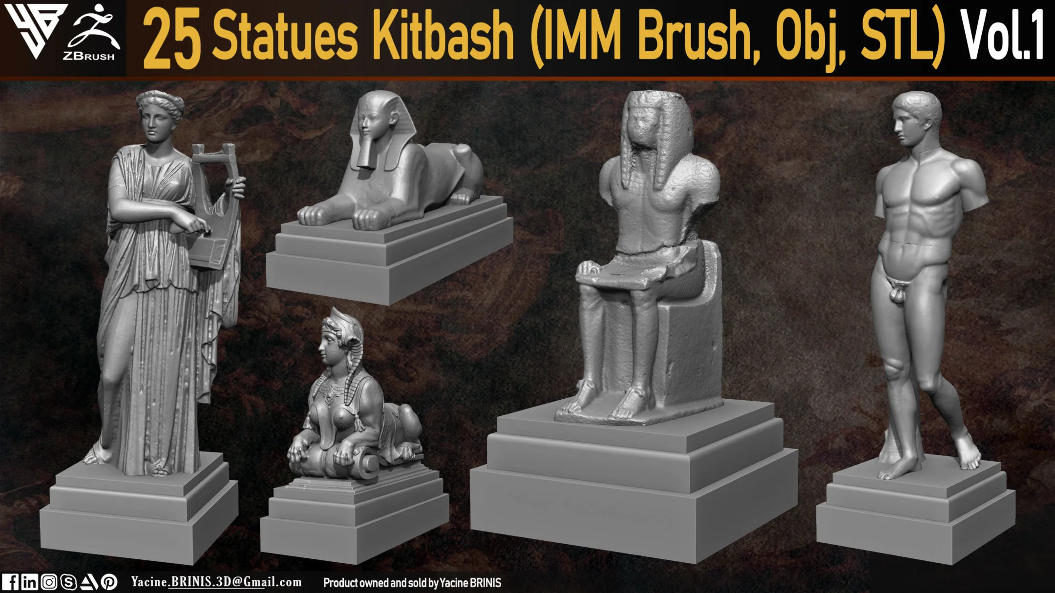 25 Statues Kitbash (IMM Brush, Obj, STL) Vol 01