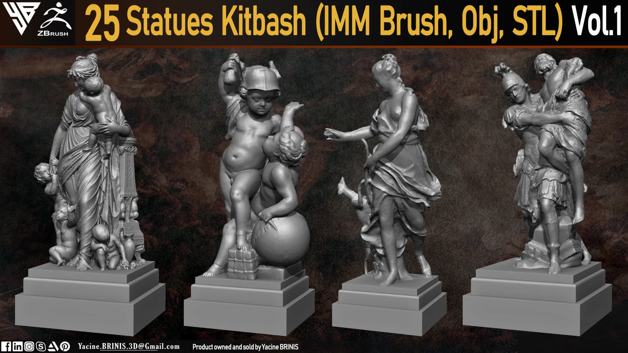 25 Statues Kitbash (IMM Brush, Obj, STL) Vol 01