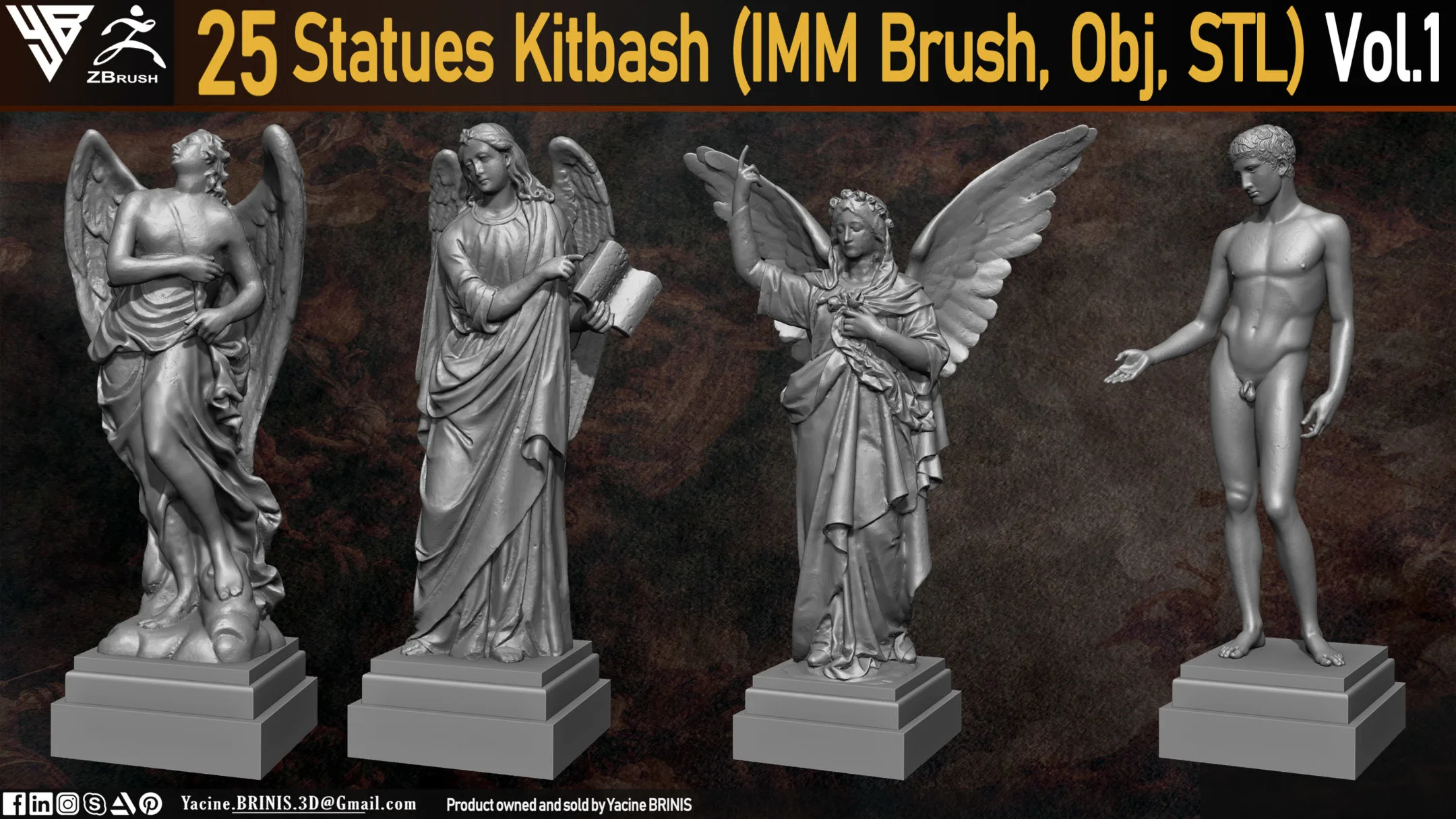 25 Statues Kitbash (IMM Brush, Obj, STL) Vol 01