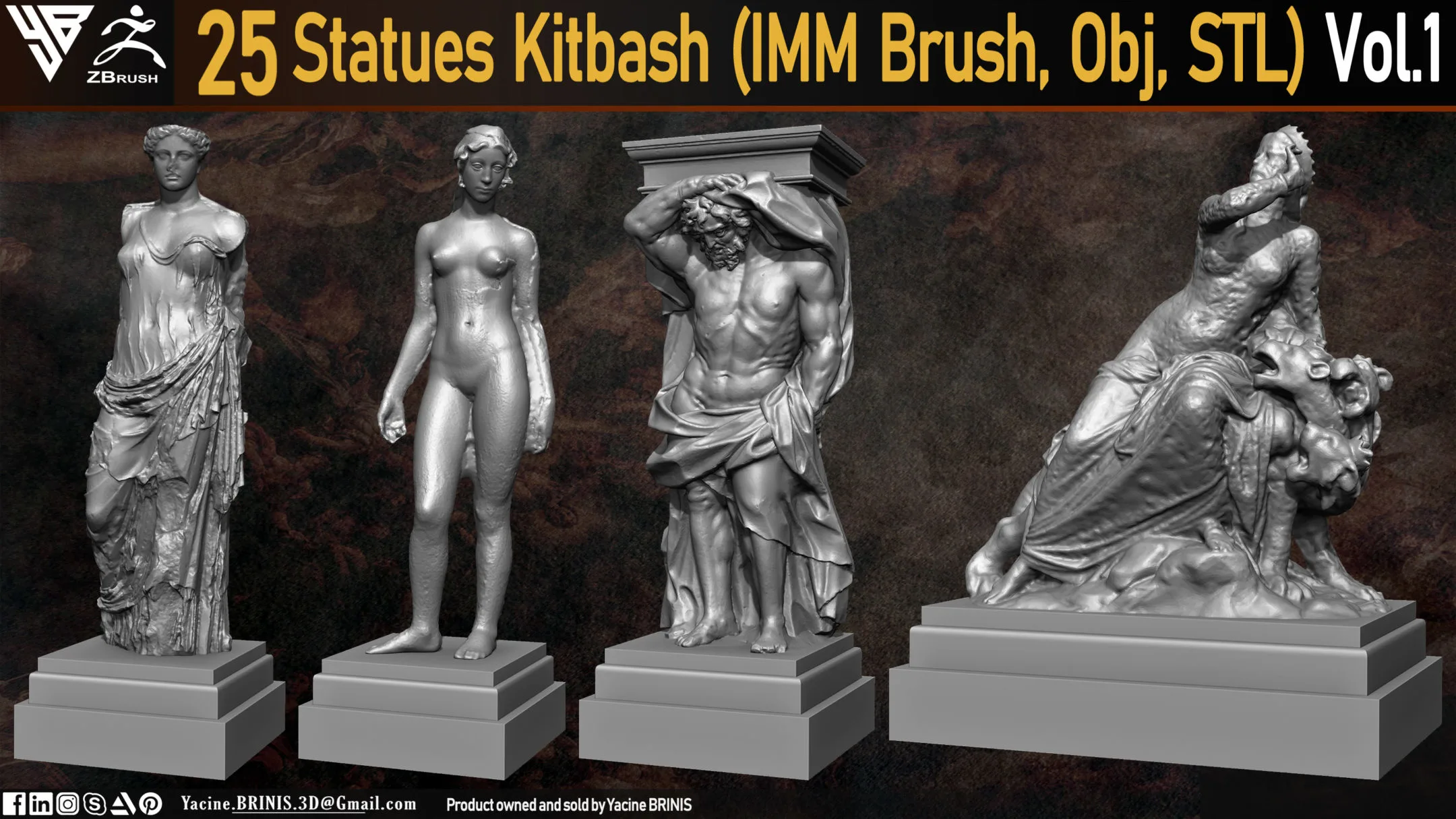 25 Statues Kitbash (IMM Brush, Obj, STL) Vol 01