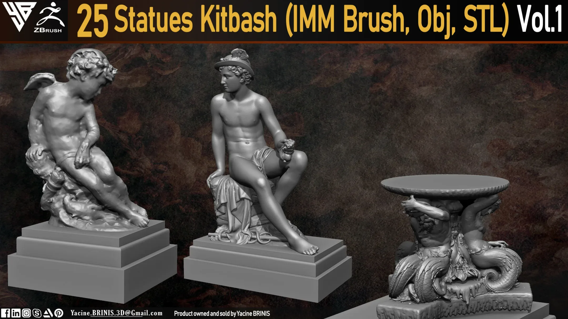 25 Statues Kitbash (IMM Brush, Obj, STL) Vol 01