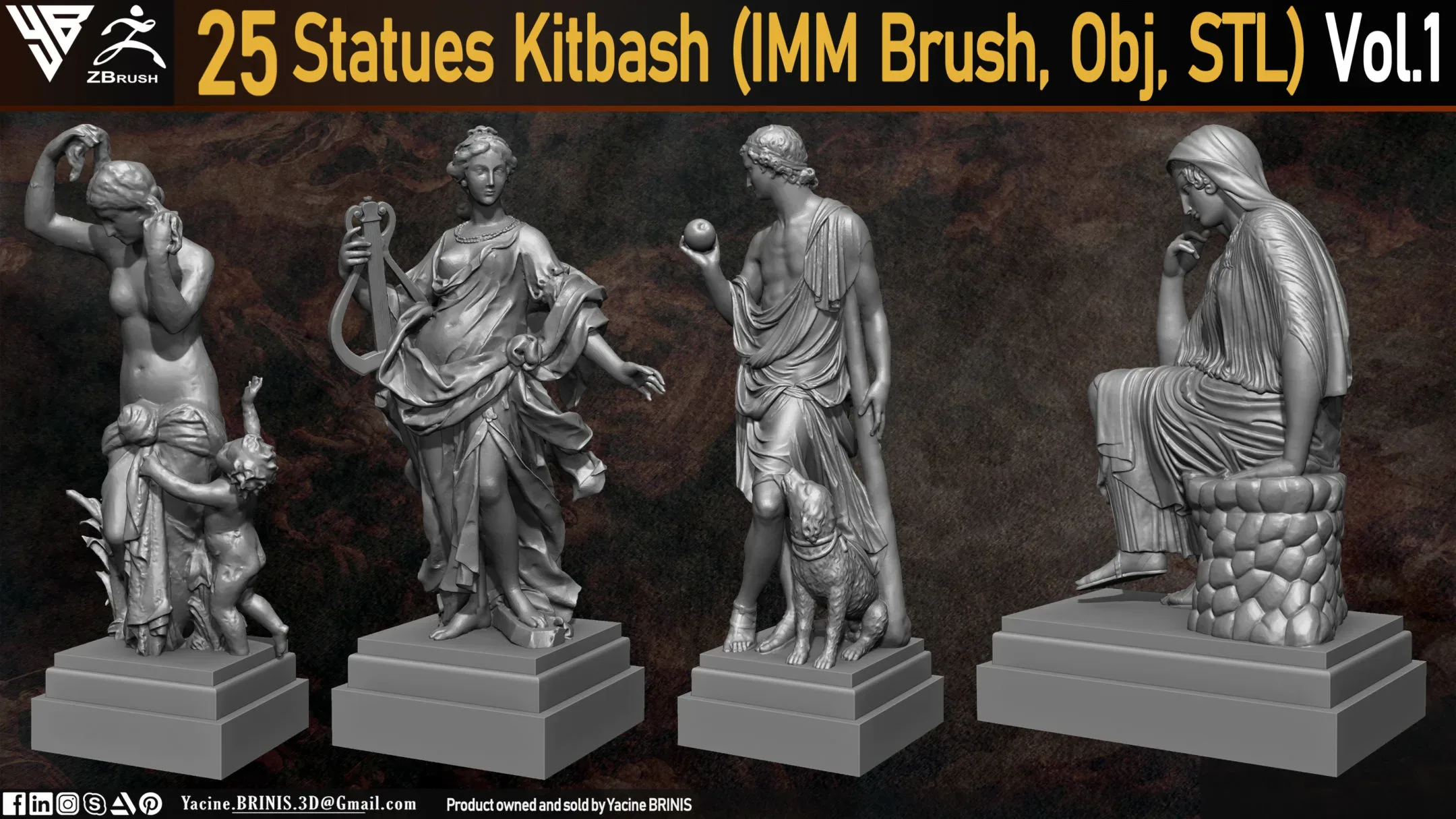 25 Statues Kitbash (IMM Brush, Obj, STL) Vol 01