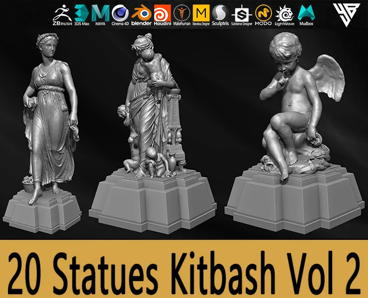 20 Statues Kitbash (IMM Brush, Obj, STL, ZTL) Vol 02