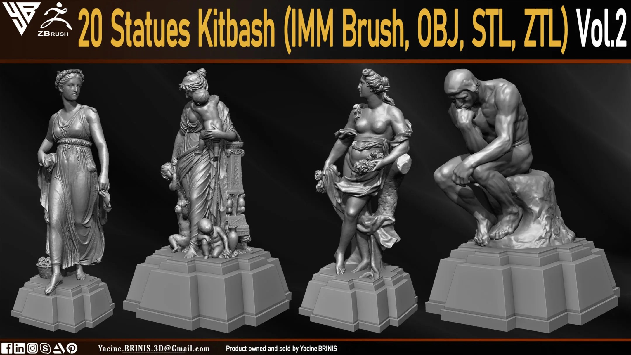 20 Statues Kitbash (IMM Brush, Obj, STL, ZTL) Vol 02