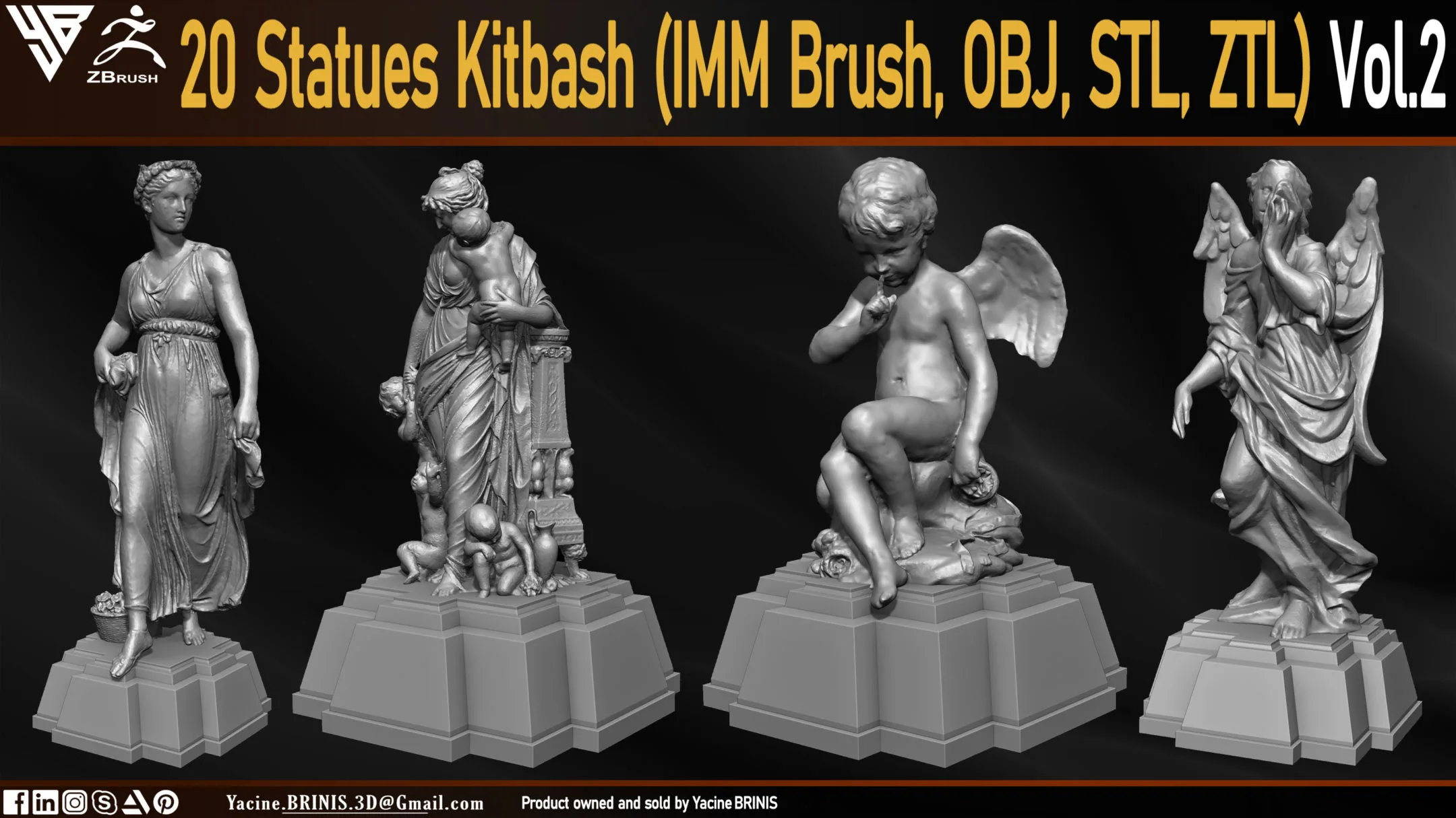 20 Statues Kitbash (IMM Brush, Obj, STL, ZTL) Vol 02