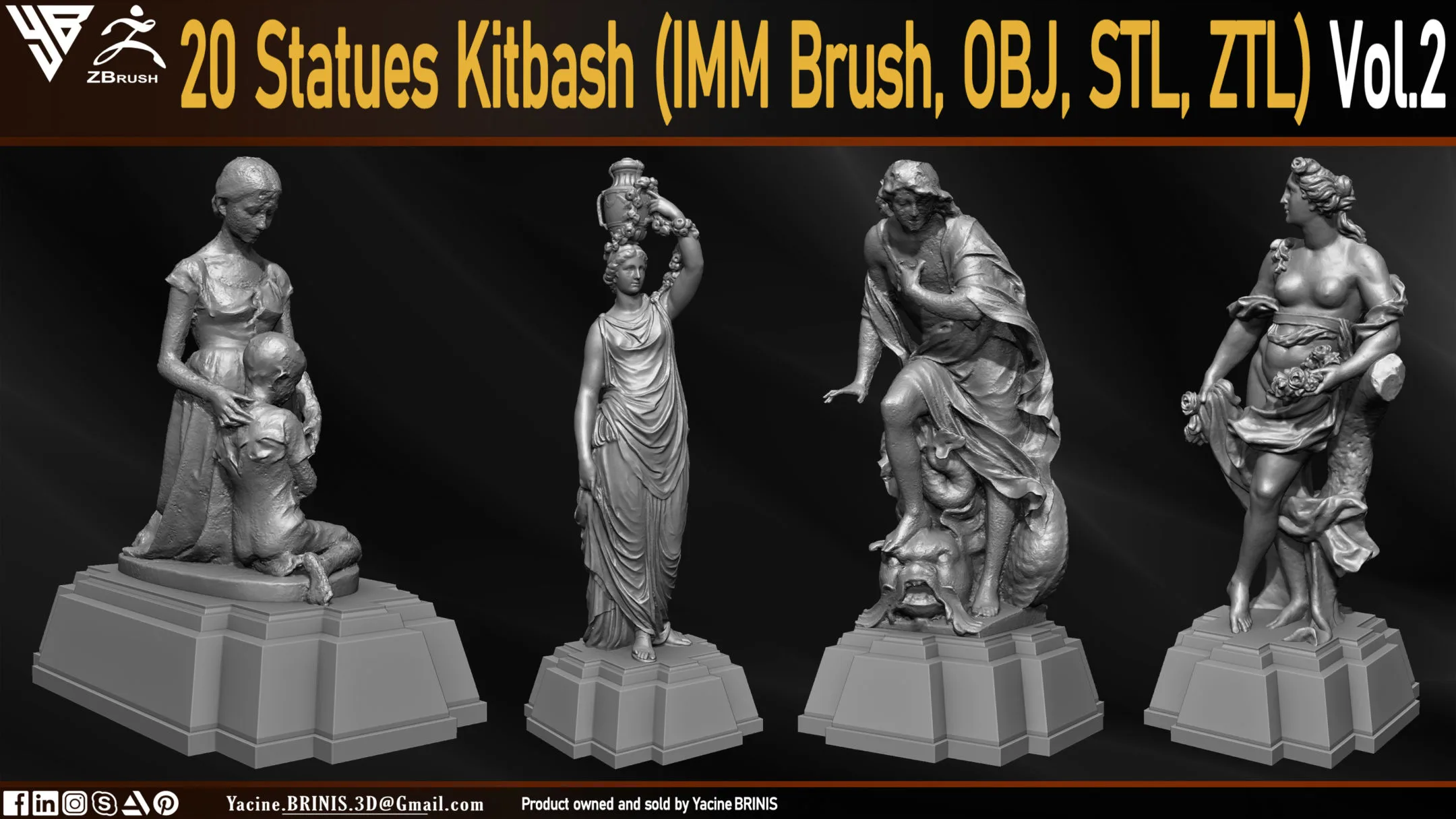 20 Statues Kitbash (IMM Brush, Obj, STL, ZTL) Vol 02