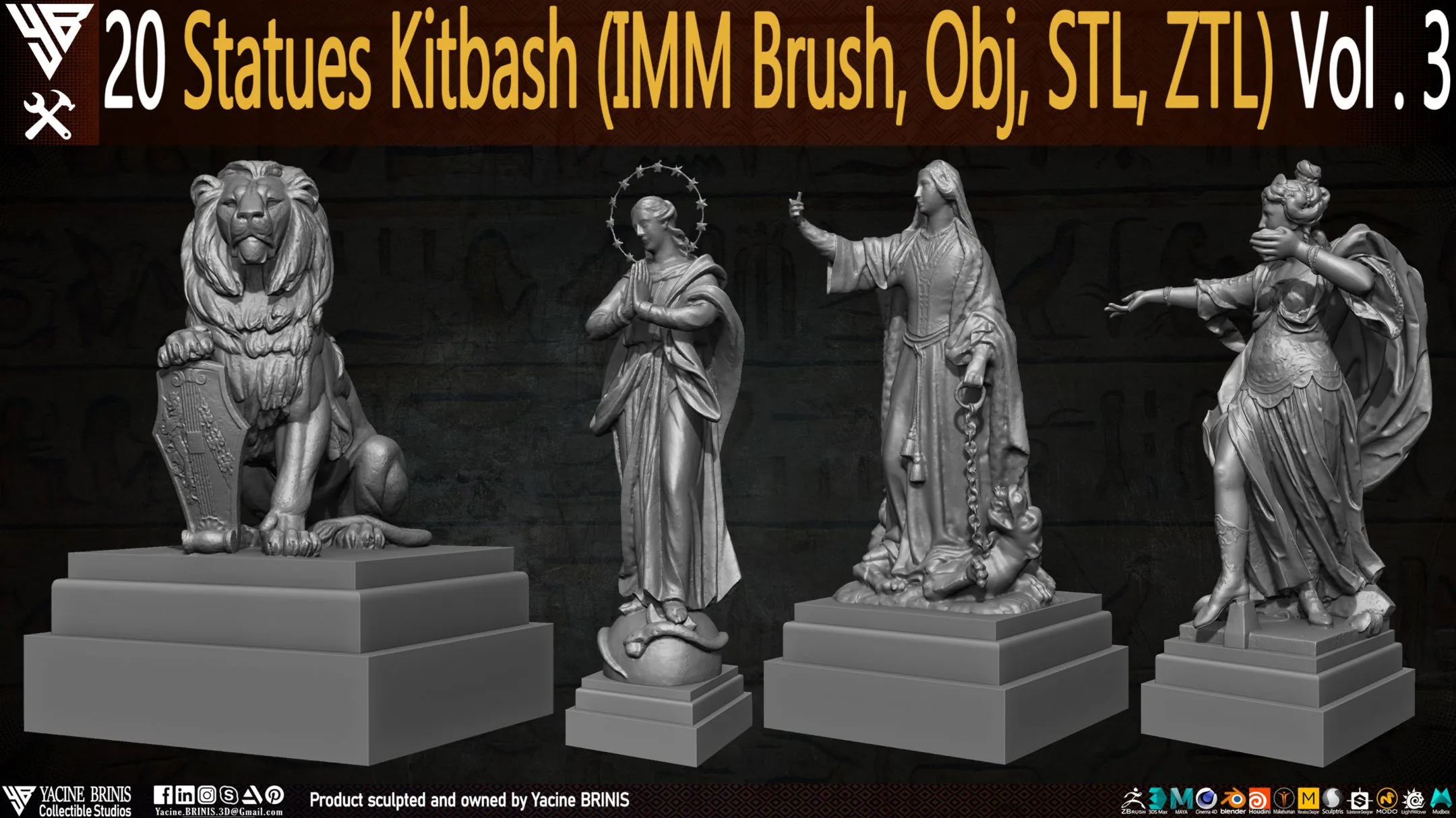 20 Statues Kitbash (IMM Brushes, Obj, STL, ZTL) Vol 03