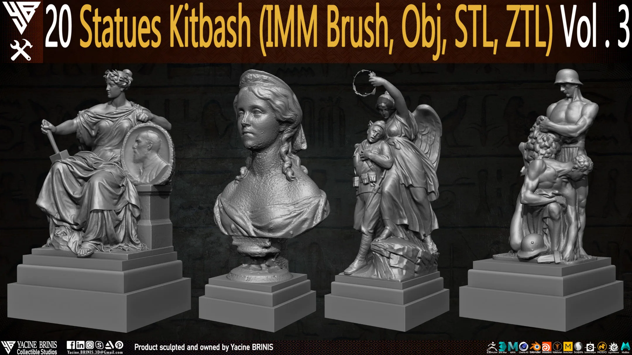 20 Statues Kitbash (IMM Brushes, Obj, STL, ZTL) Vol 03