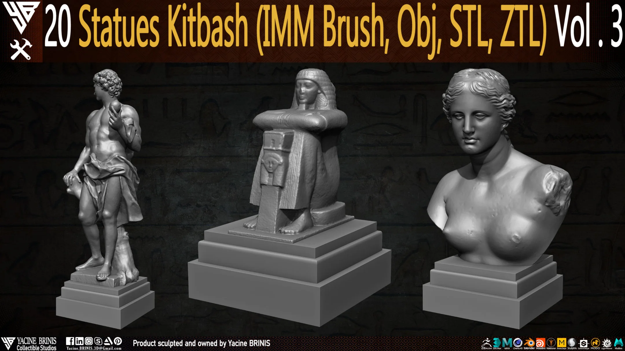 20 Statues Kitbash (IMM Brushes, Obj, STL, ZTL) Vol 03