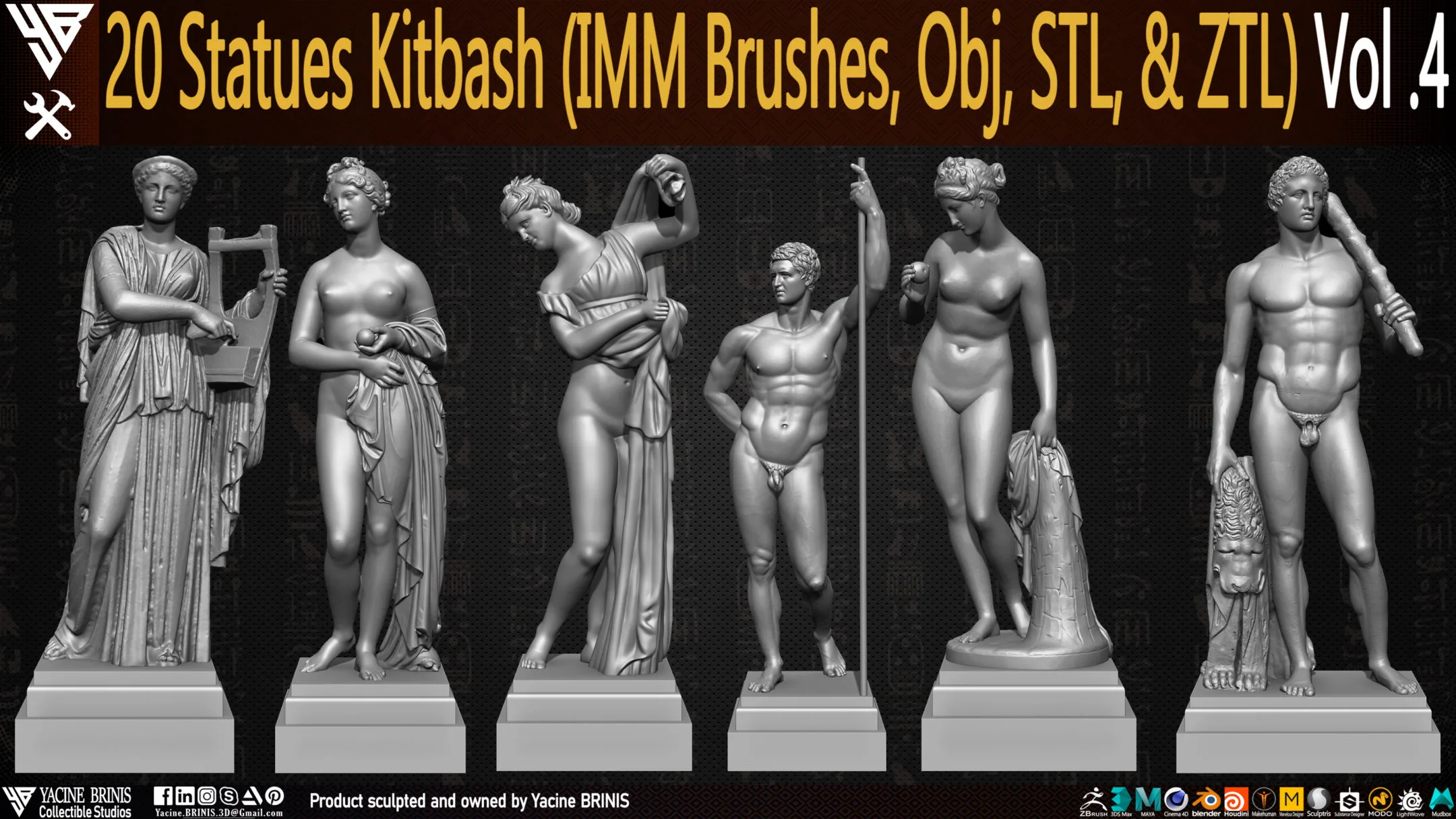 20 Statues Kitbash (IMM Brushes, Obj, STL, & ZTL) Vol 04