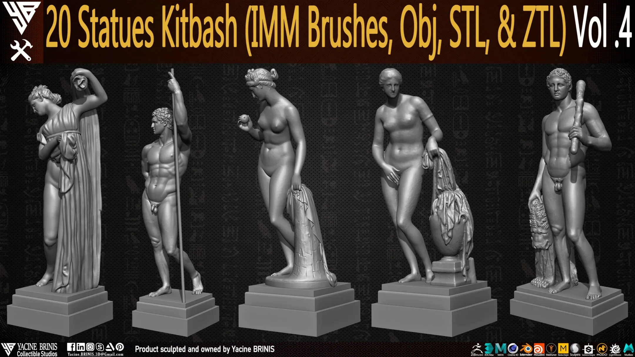 20 Statues Kitbash (IMM Brushes, Obj, STL, & ZTL) Vol 04