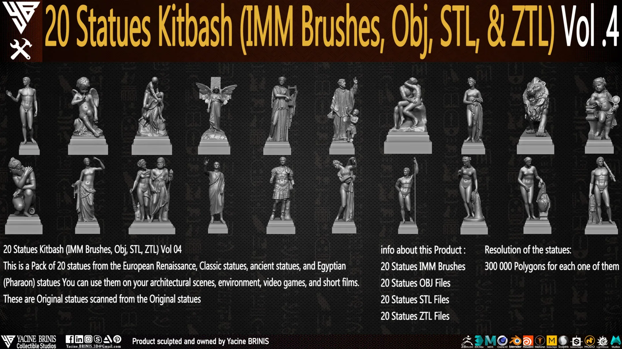 20 Statues Kitbash (IMM Brushes, Obj, STL, & ZTL) Vol 04