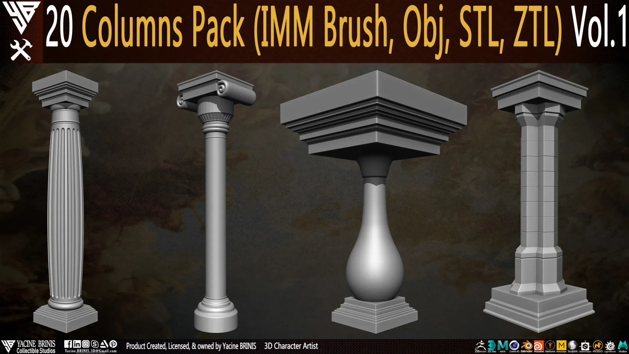 20 Columns Pack (IMM Brush, Obj, STL, ZTL) Vol.1