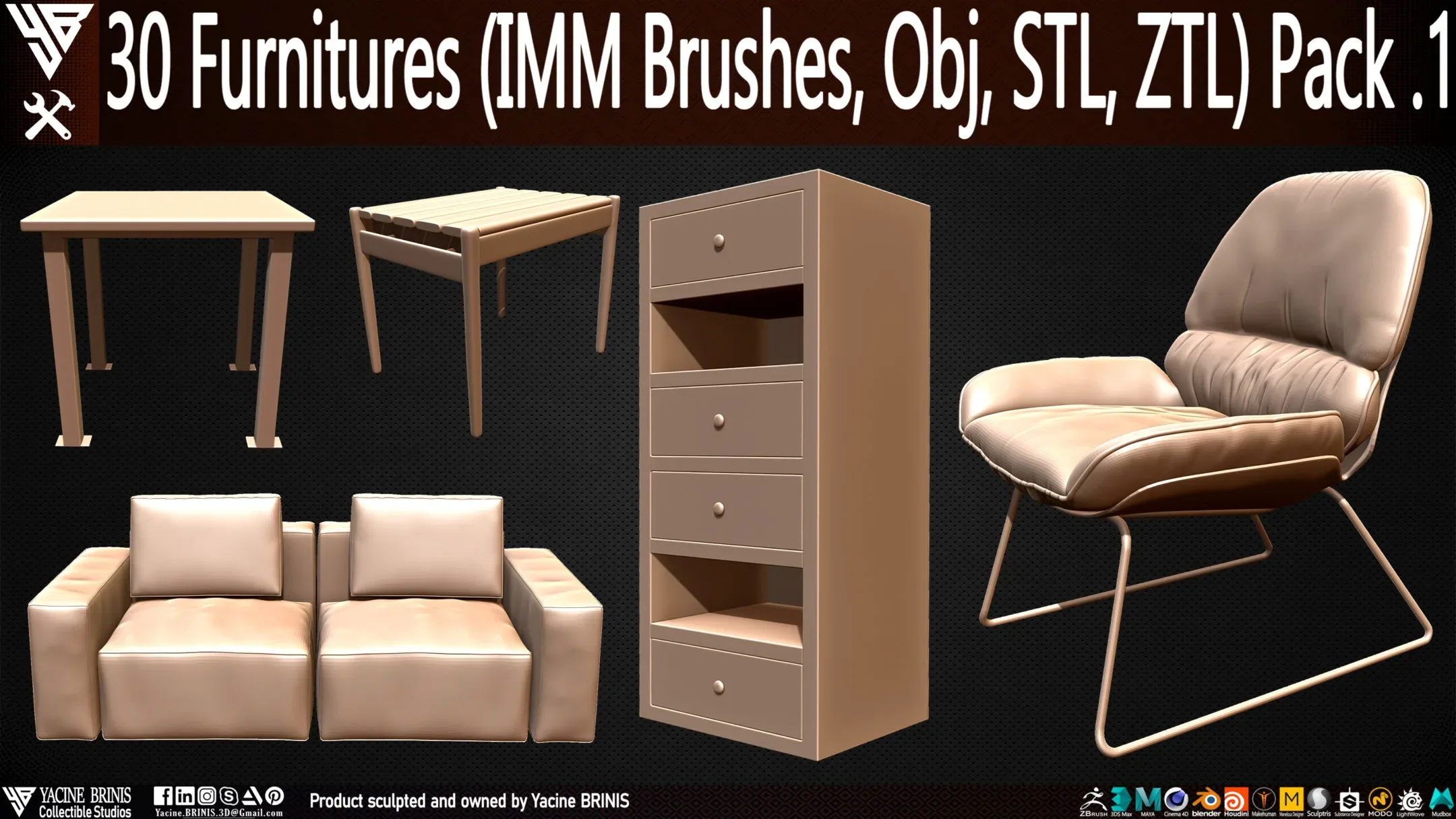 30 items of Furniture (IMM Brushes, OBJ, STL, & ZTL) Pack 1