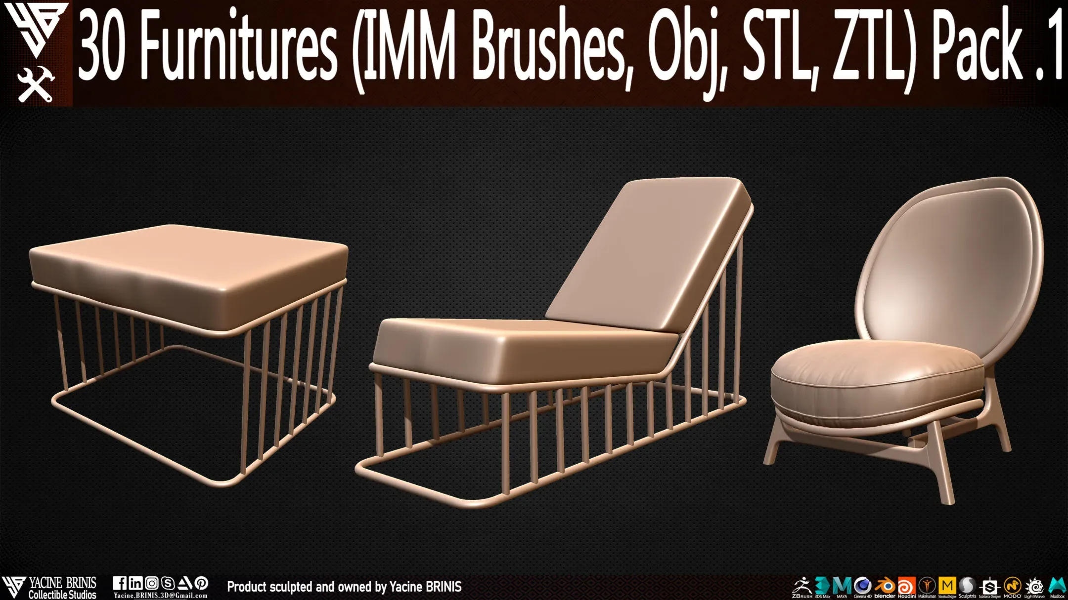 30 items of Furniture (IMM Brushes, OBJ, STL, & ZTL) Pack 1