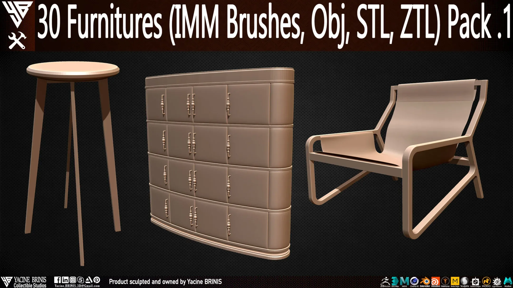 30 items of Furniture (IMM Brushes, OBJ, STL, & ZTL) Pack 1