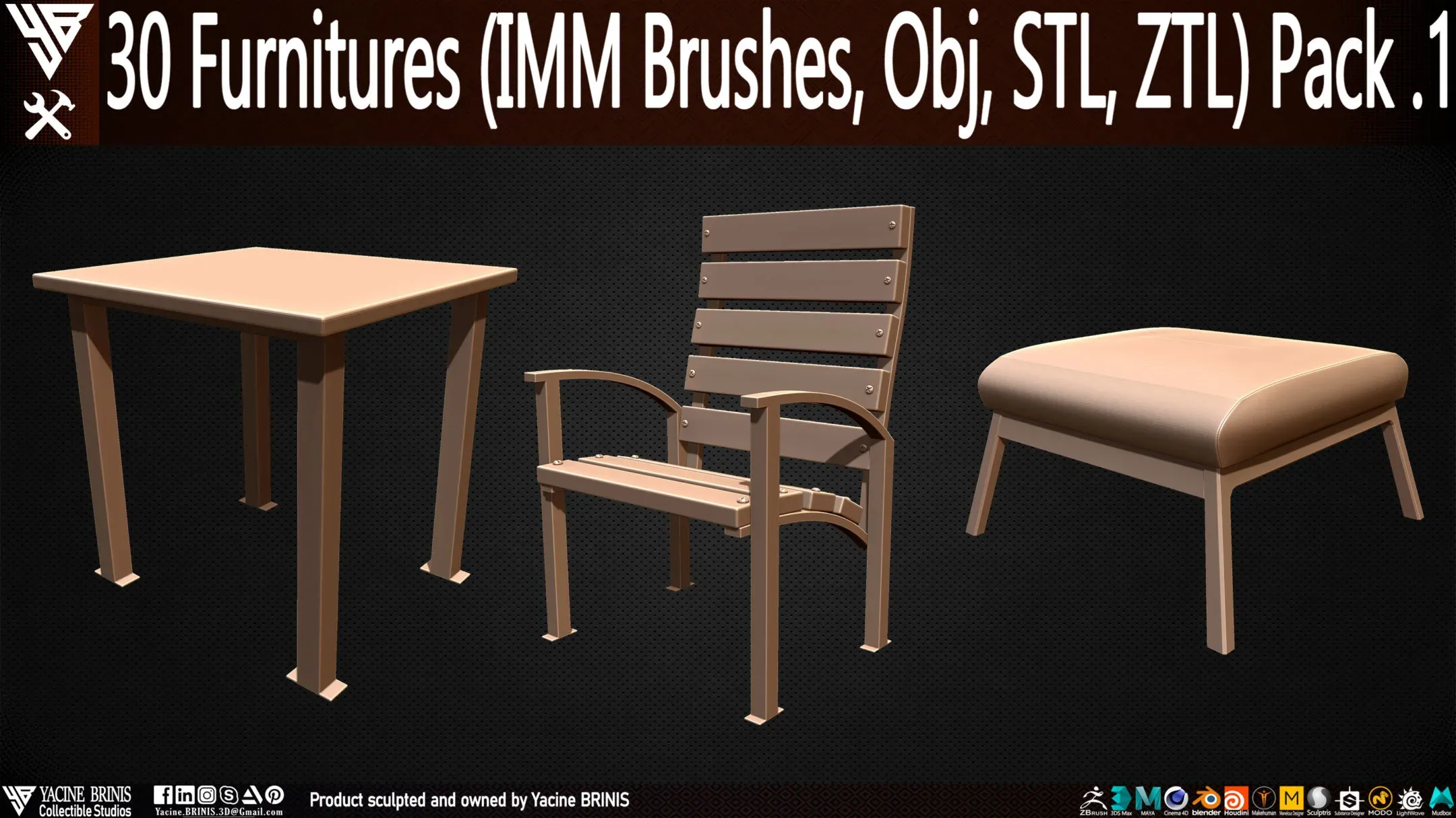 30 items of Furniture (IMM Brushes, OBJ, STL, & ZTL) Pack 1