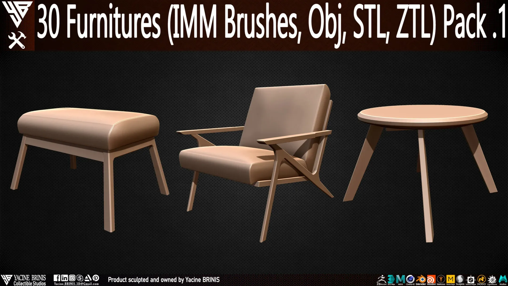 30 items of Furniture (IMM Brushes, OBJ, STL, & ZTL) Pack 1