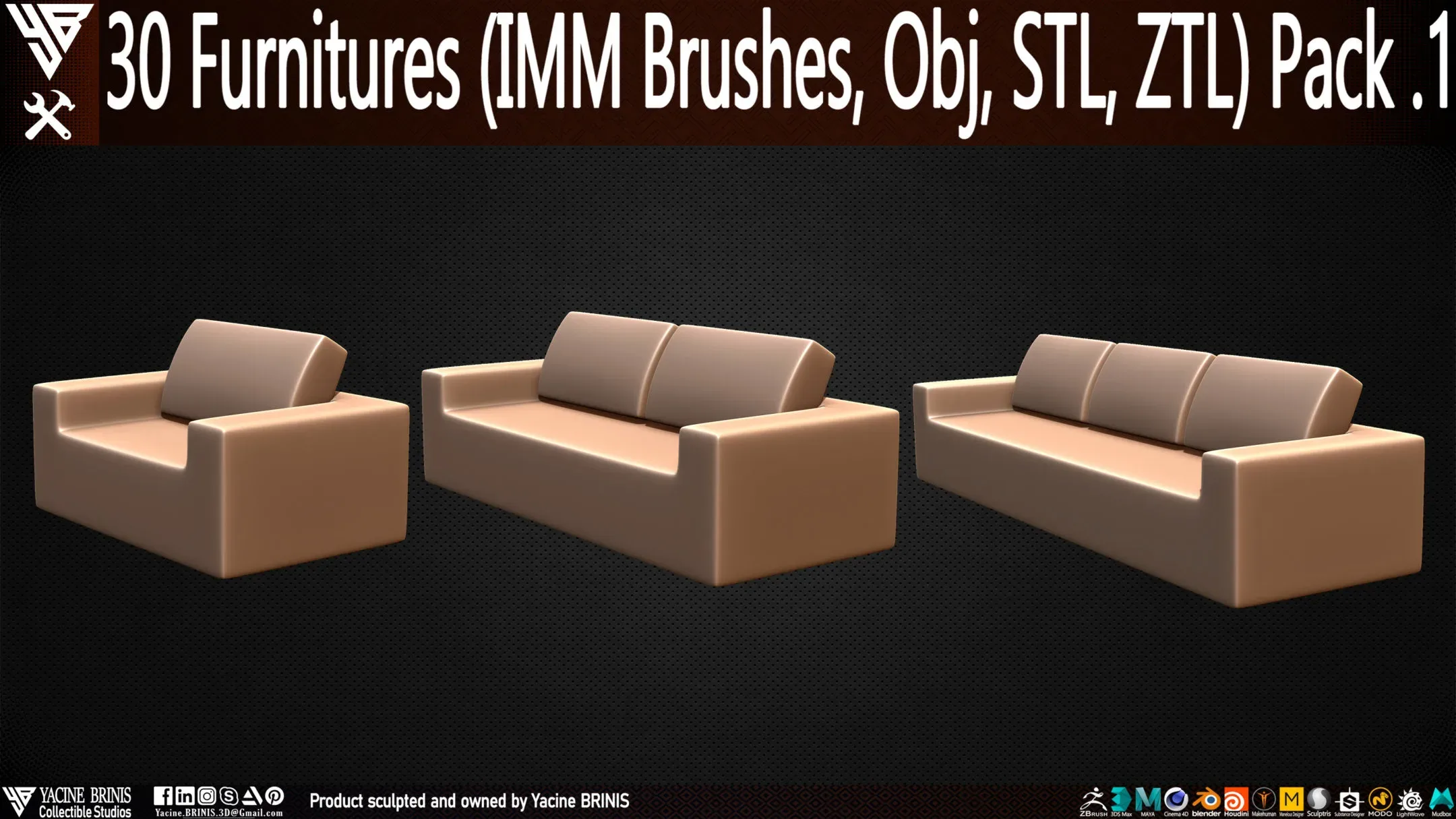 30 items of Furniture (IMM Brushes, OBJ, STL, & ZTL) Pack 1