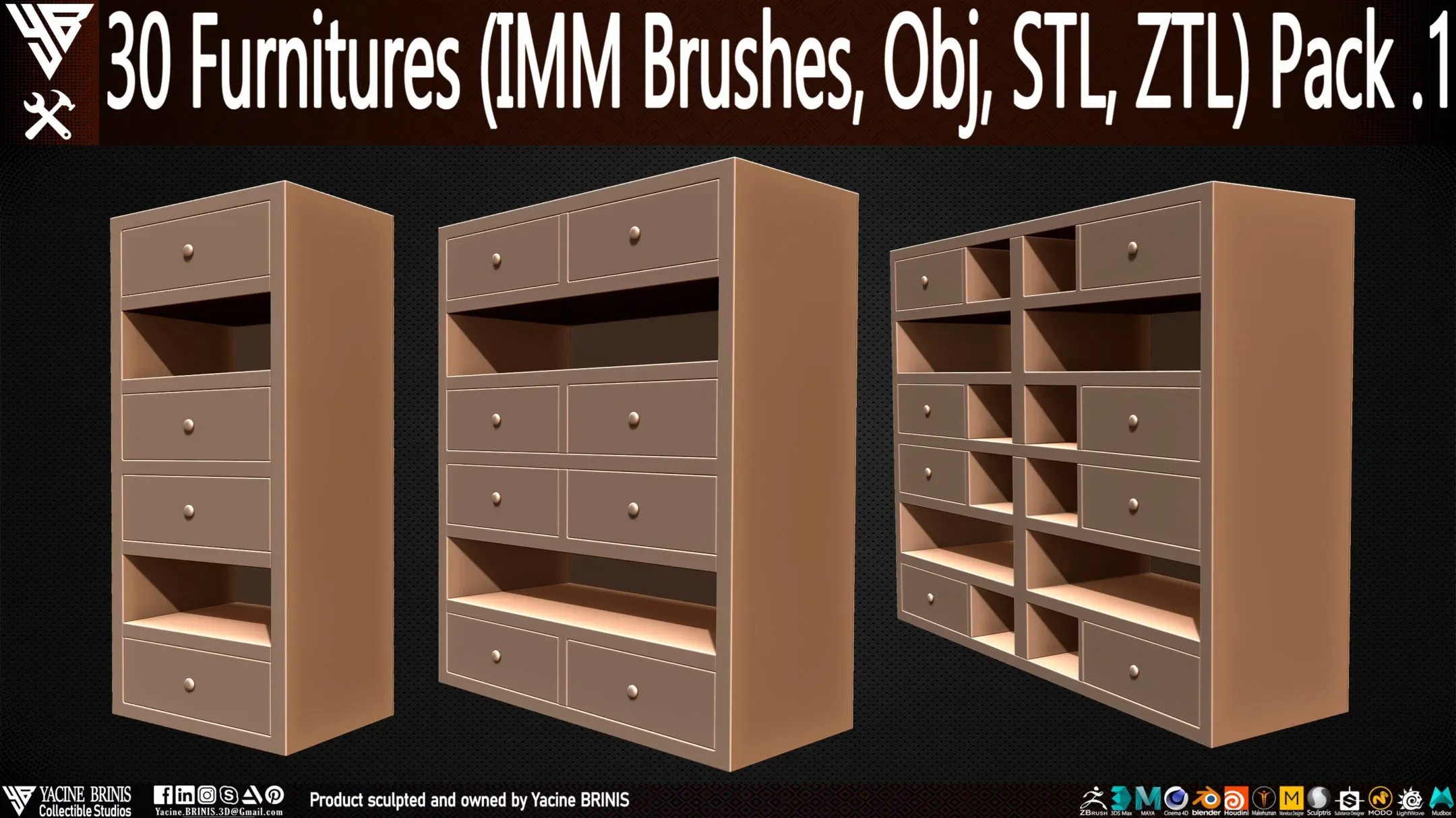 30 items of Furniture (IMM Brushes, OBJ, STL, & ZTL) Pack 1