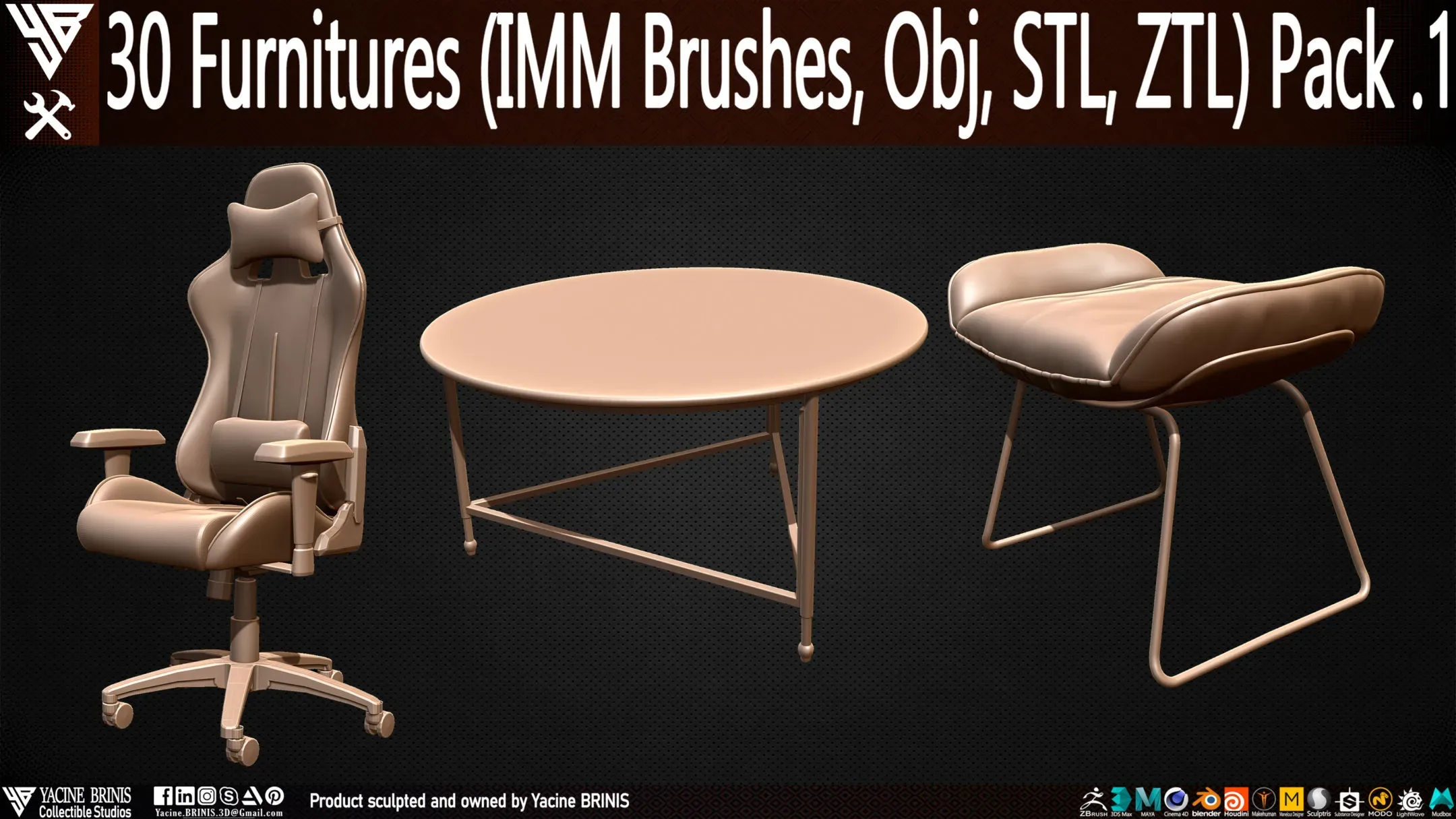 30 items of Furniture (IMM Brushes, OBJ, STL, & ZTL) Pack 1