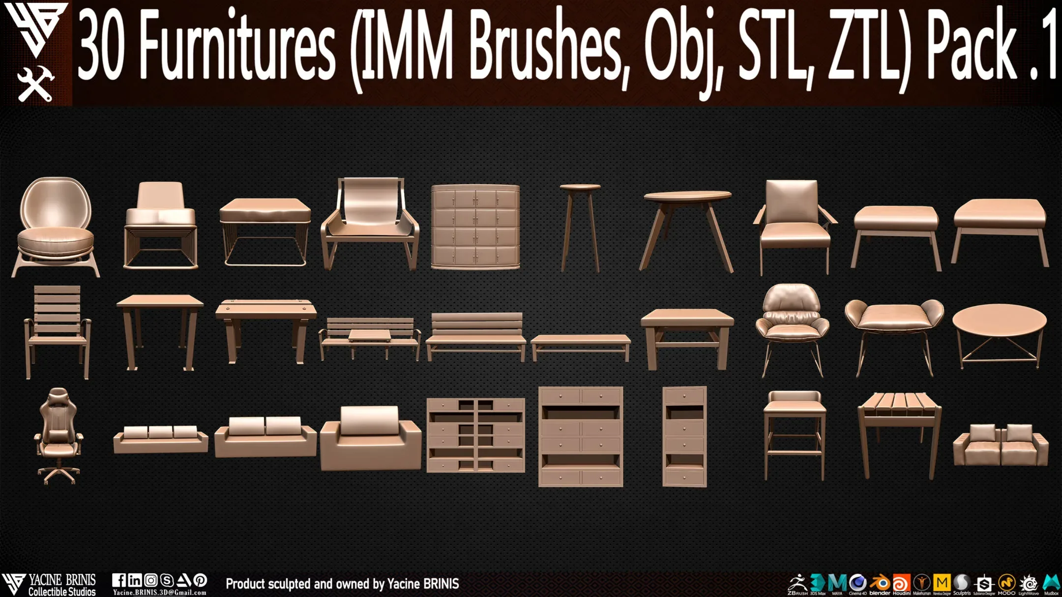 30 items of Furniture (IMM Brushes, OBJ, STL, & ZTL) Pack 1