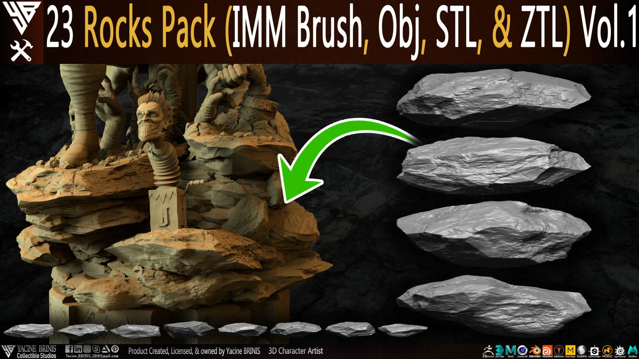 23 Rocks Pack (IMM Brush, Obj, STL, & ZTL) Vol 01