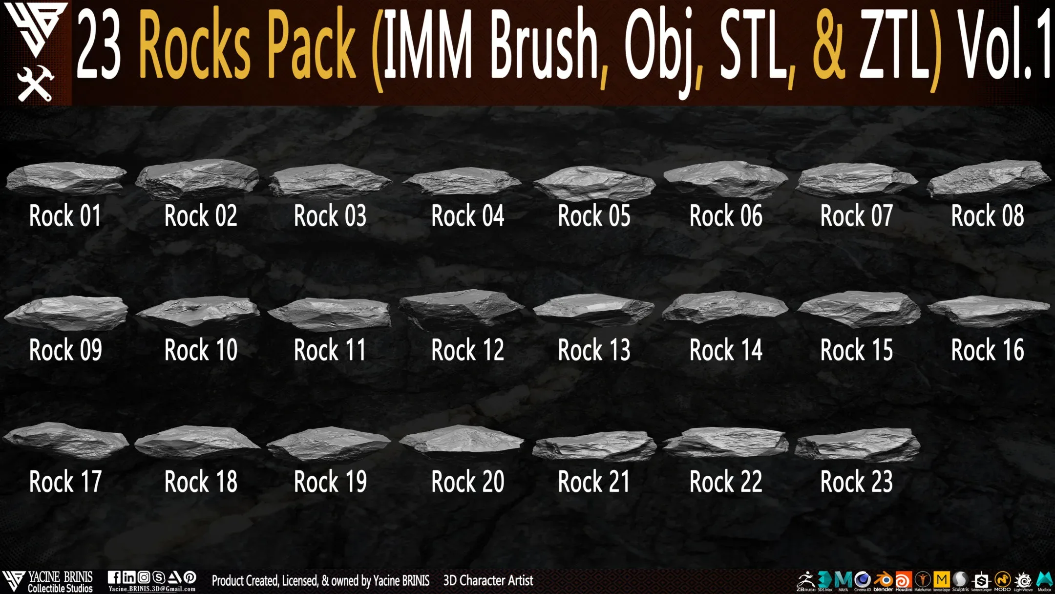 23 Rocks Pack (IMM Brush, Obj, STL, & ZTL) Vol 01