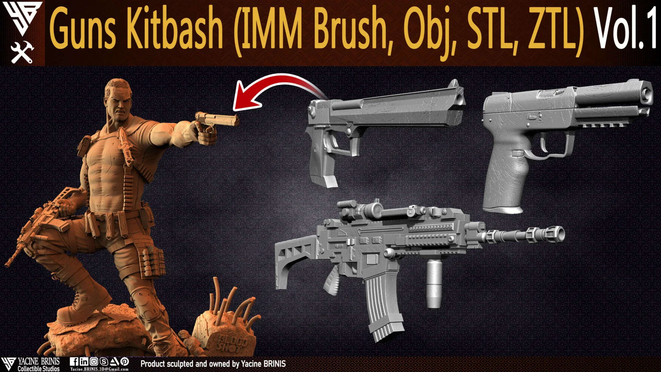 Guns Kitbash (IMM Brush, Obj, STL, ZTL) Vol 01