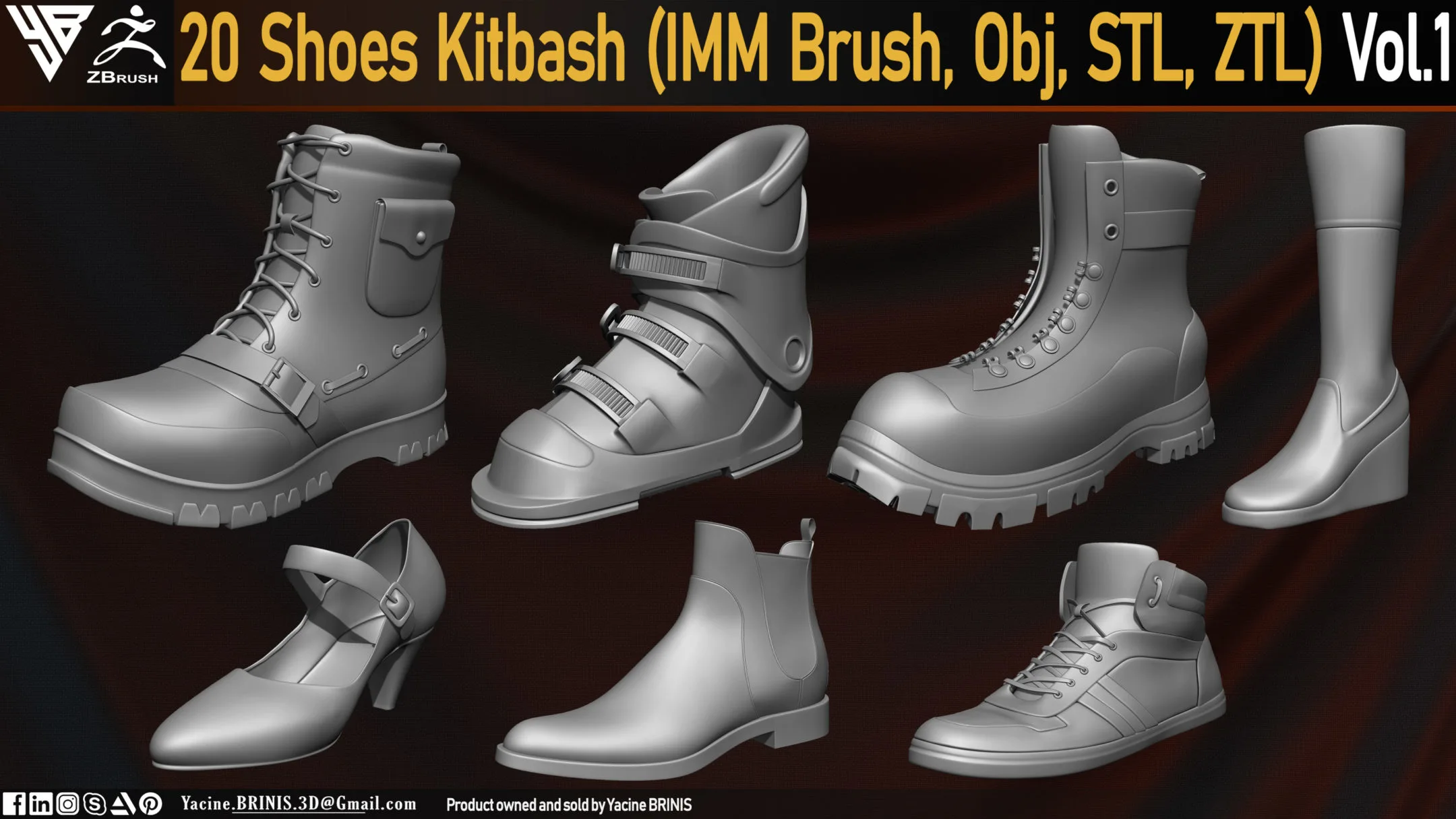 20 Shoes Kitbash (IMM Brush, Obj, STL, ZTL) Vol 01