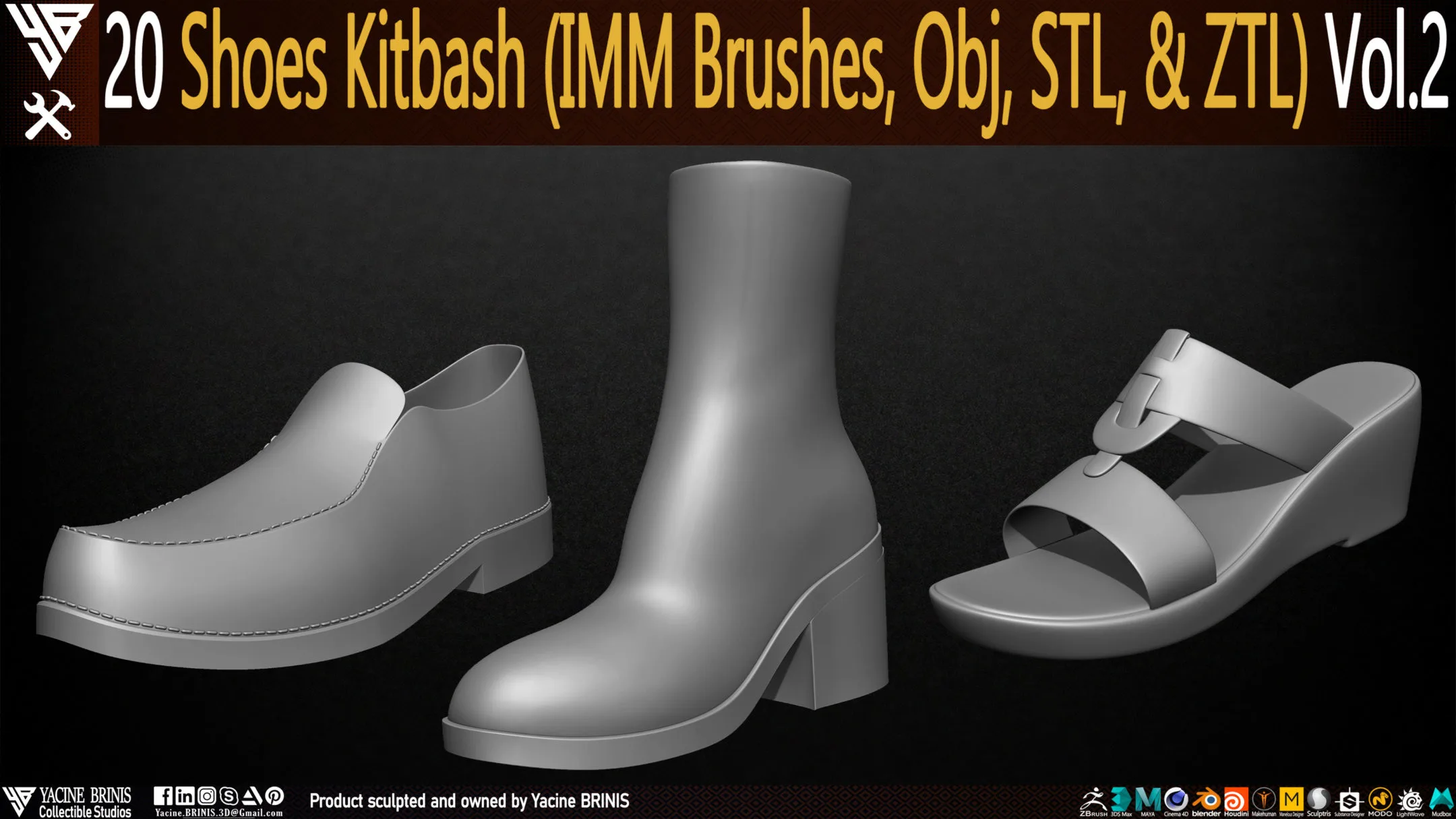 20 Shoes Kitbash (IMM Brush, Obj, STL, & ZTL) Vol 02