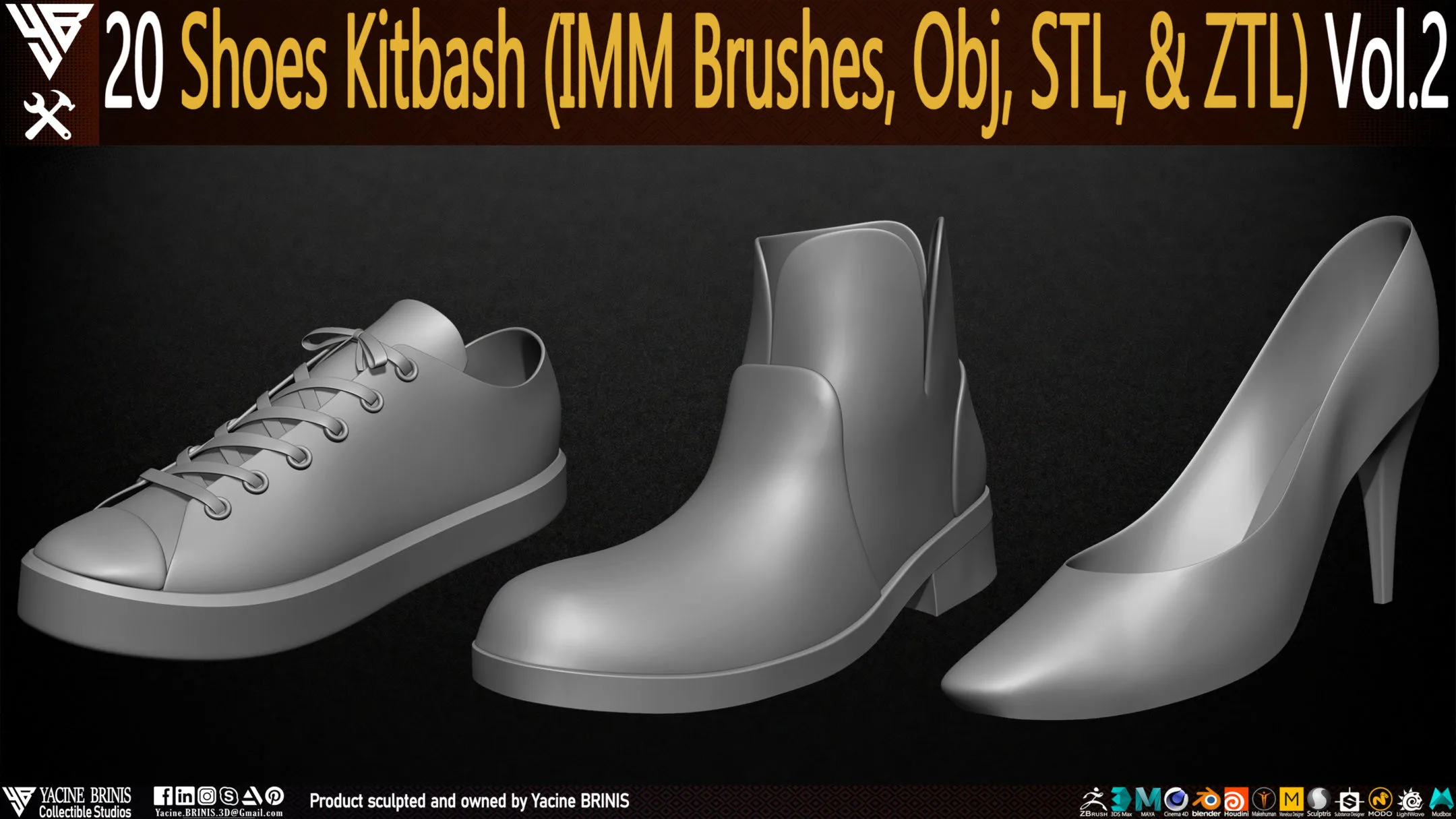 20 Shoes Kitbash (IMM Brush, Obj, STL, & ZTL) Vol 02