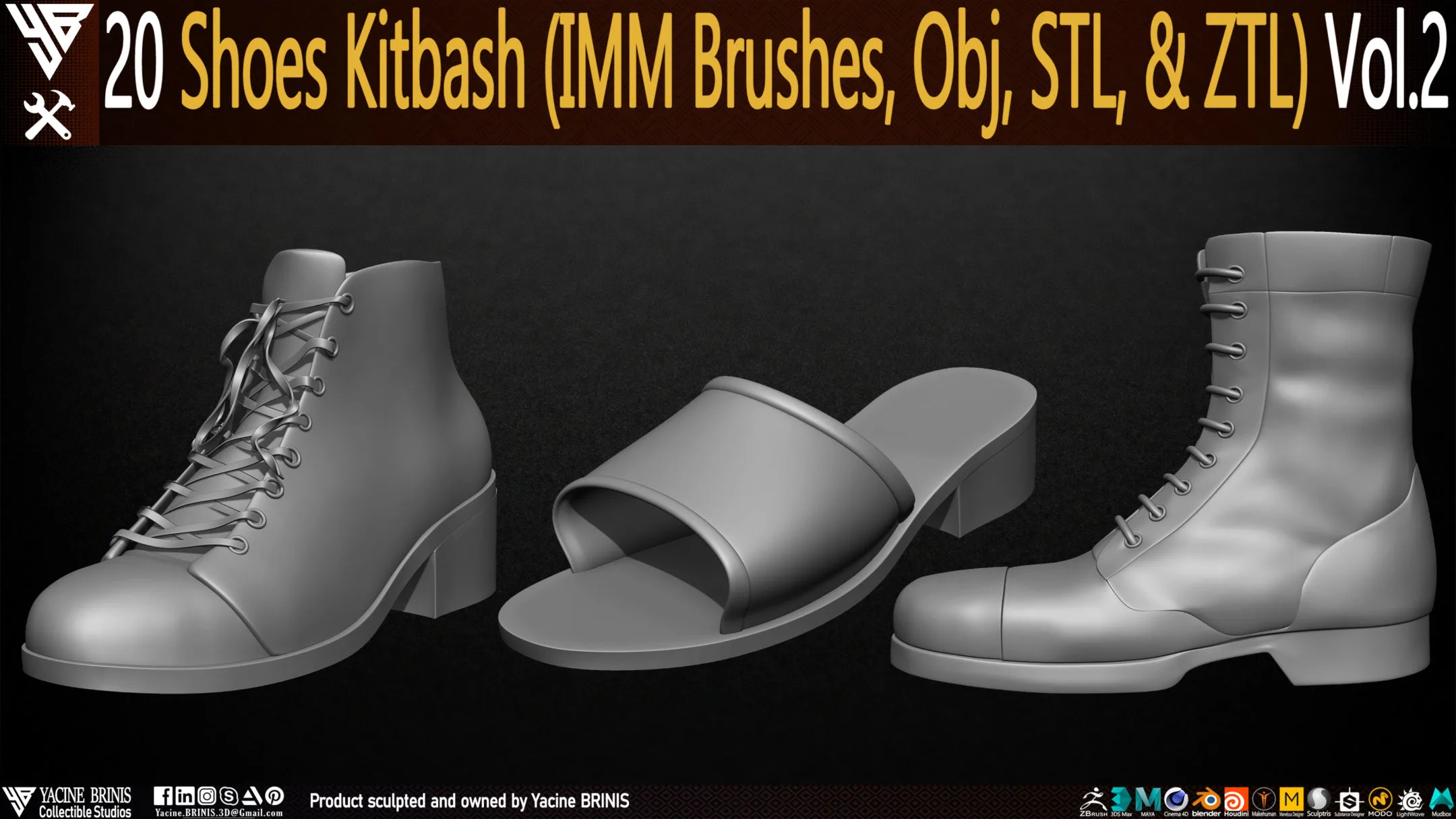 20 Shoes Kitbash (IMM Brush, Obj, STL, & ZTL) Vol 02