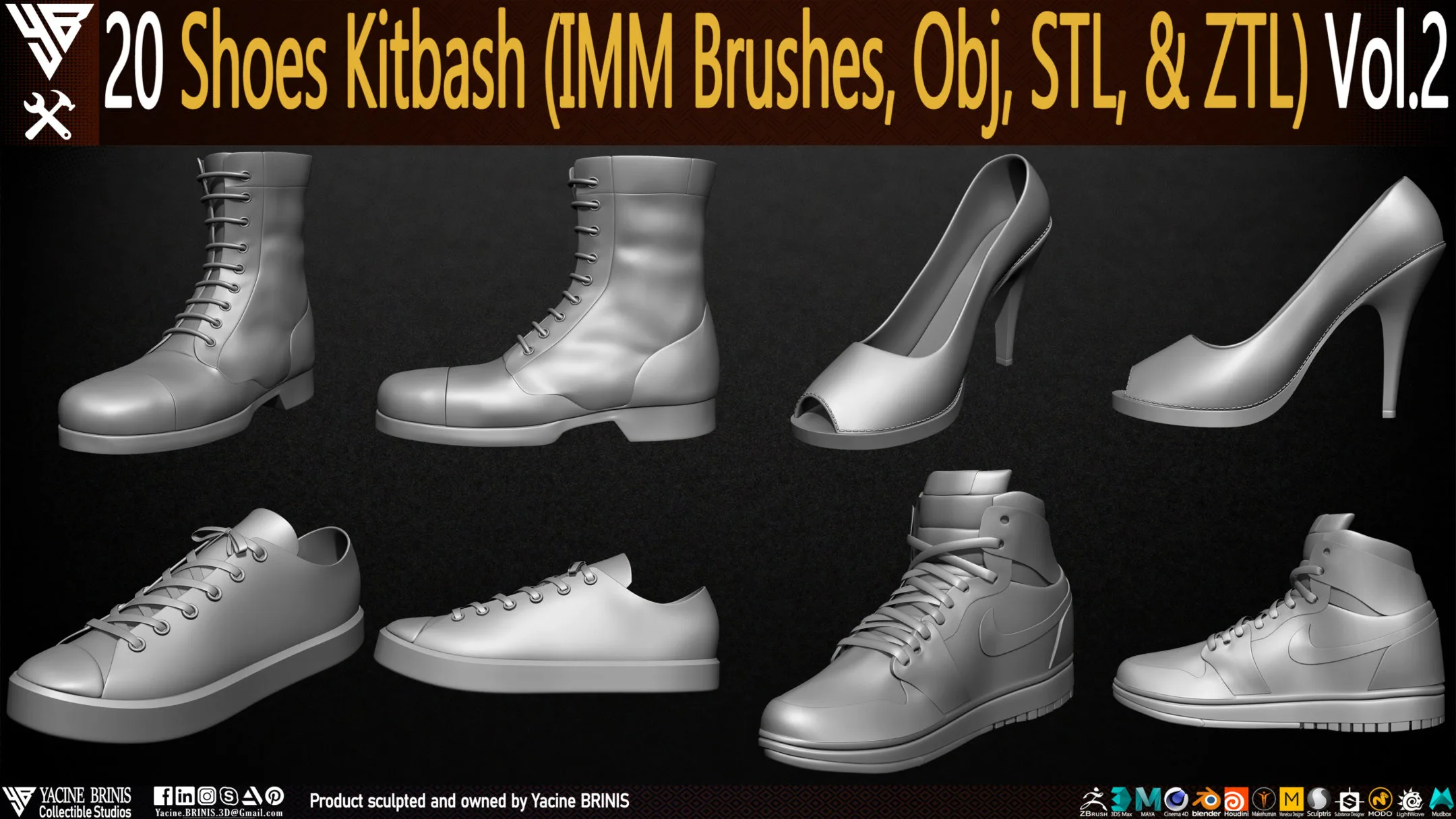 20 Shoes Kitbash (IMM Brush, Obj, STL, & ZTL) Vol 02