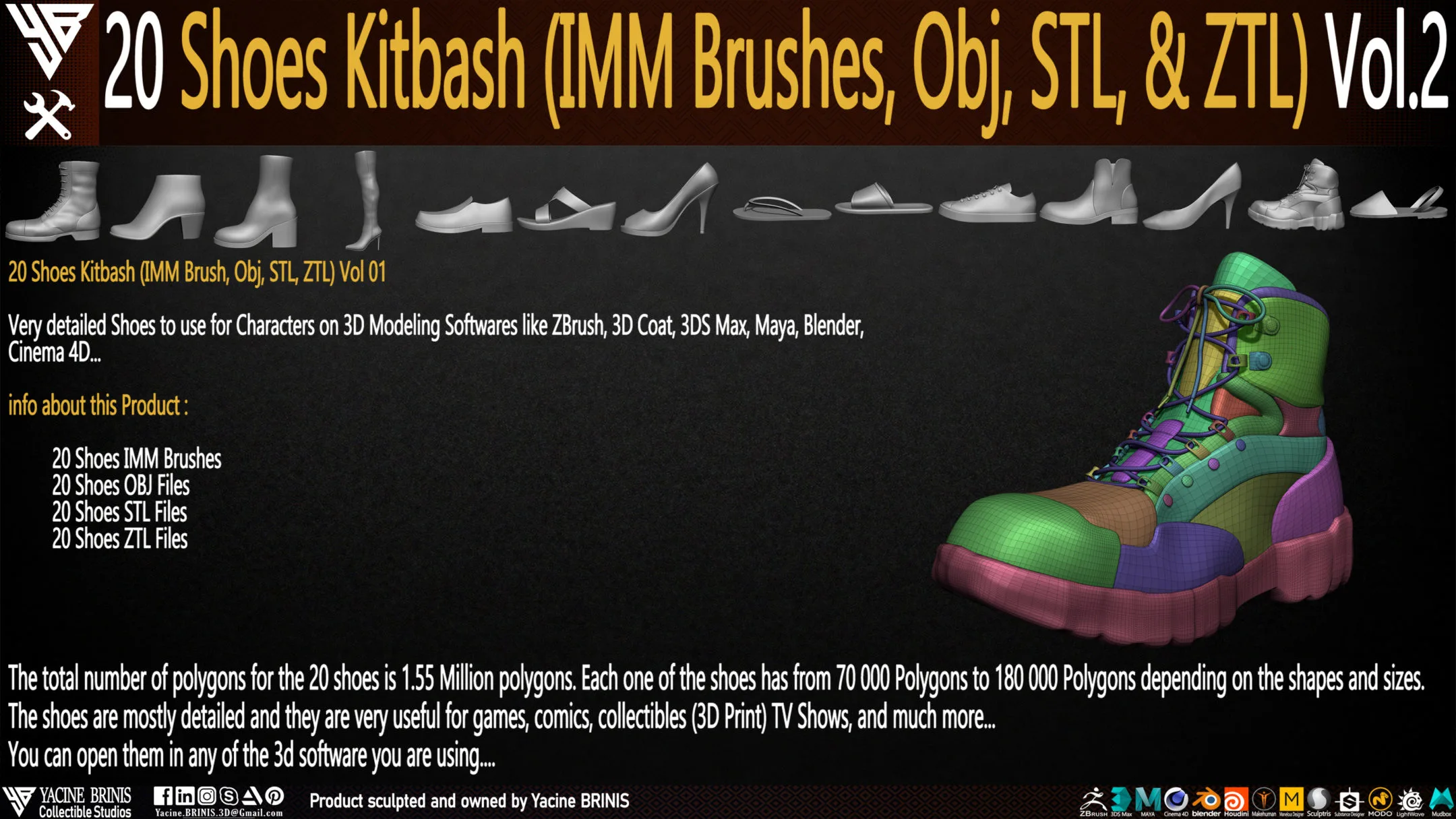 20 Shoes Kitbash (IMM Brush, Obj, STL, & ZTL) Vol 02