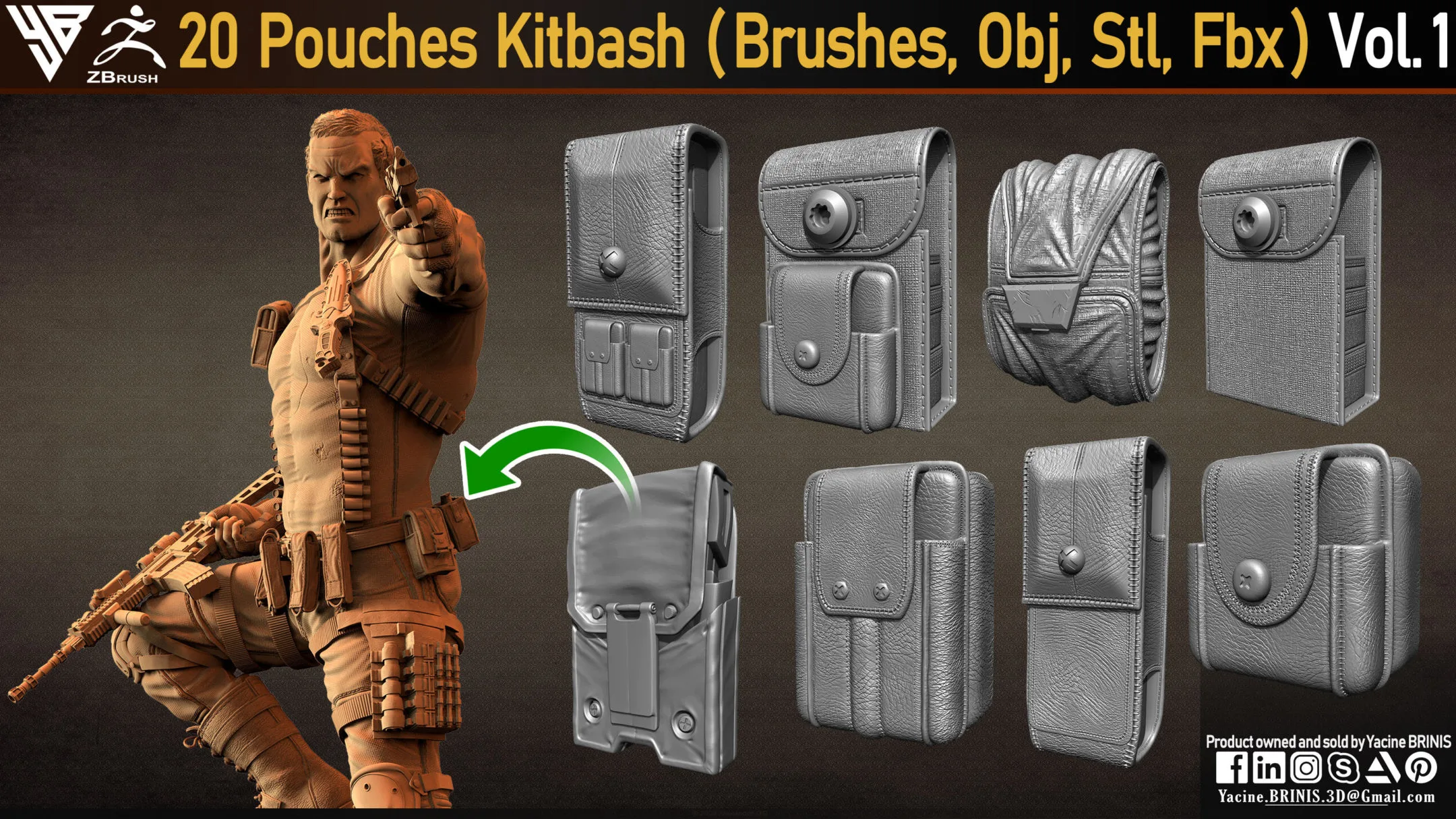 20 Pouches Kitbach (IMM Brushes, Obj, Stl, Fbx) Vol 01