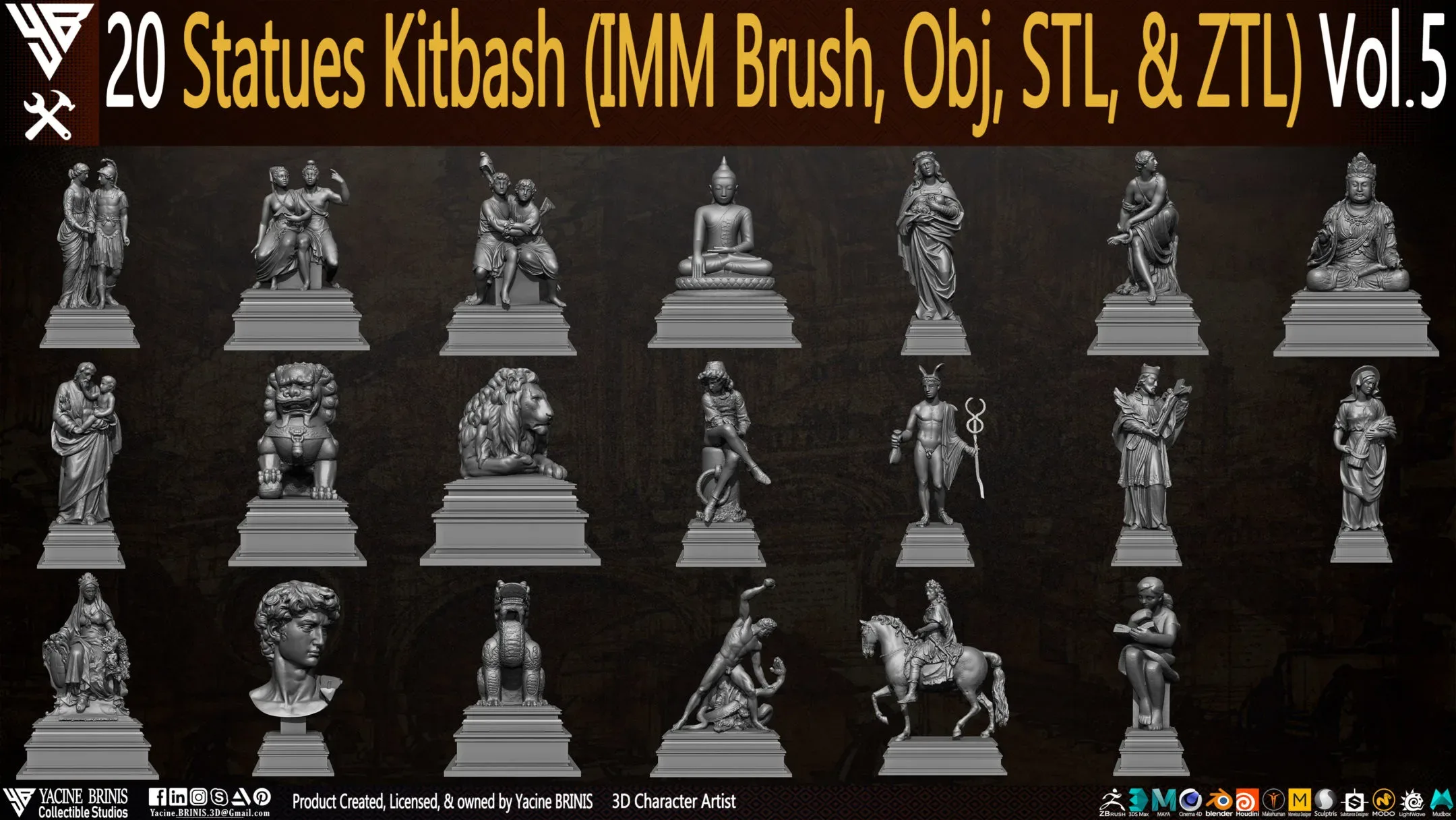 20 Statues Kitbash (IMM Brush, Obj, STL, & ZTL) Vol 05
