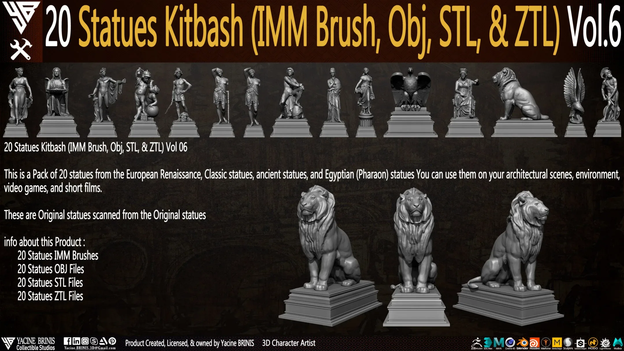 20 Statues Kitbash (IMM Brush, Obj, STL, & ZTL) Vol 06