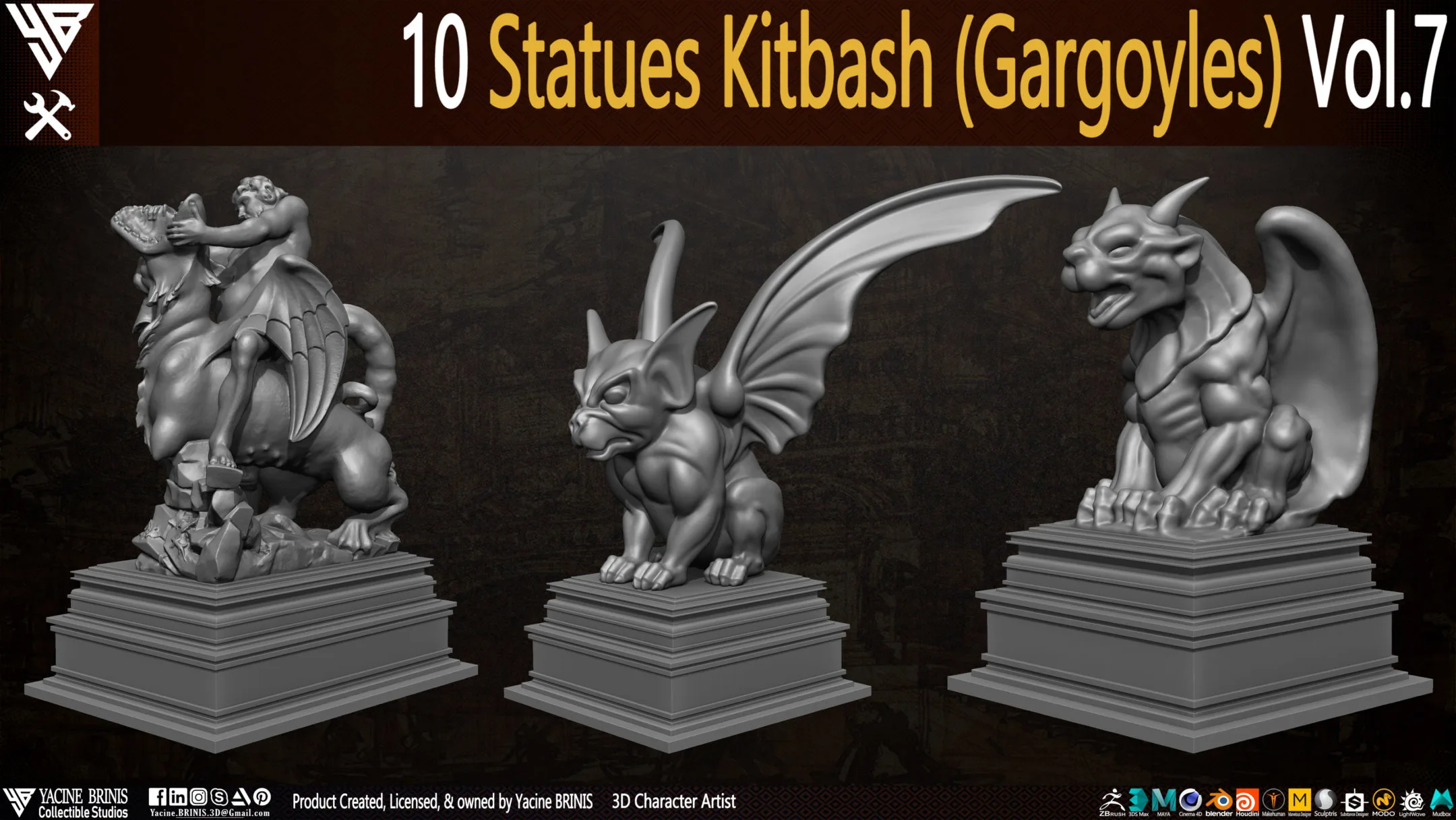 10 Statues Kitbash Gargoyles (IMM Brush, Obj, STL, & ZTL) Vol 7