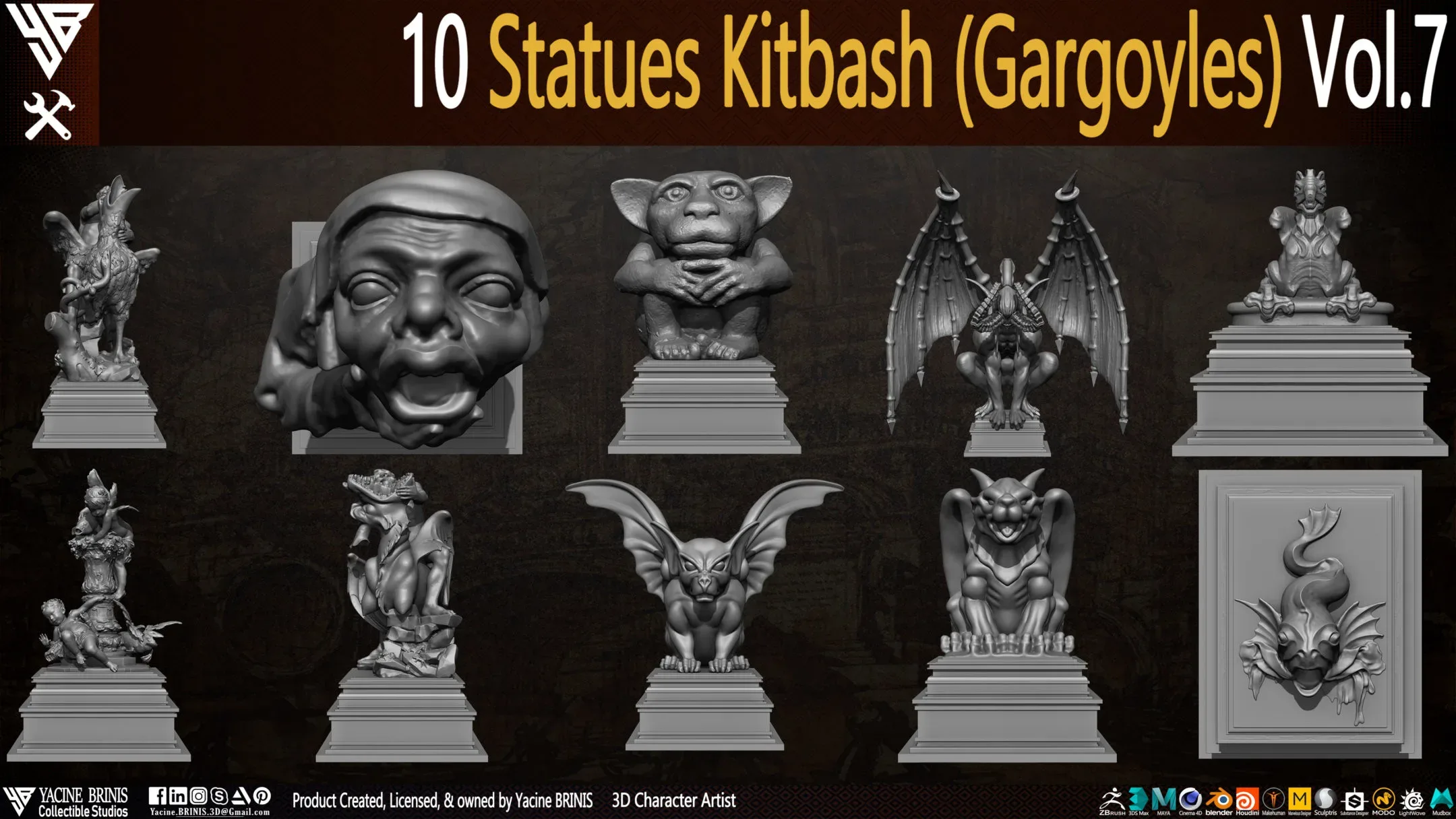 10 Statues Kitbash Gargoyles (IMM Brush, Obj, STL, & ZTL) Vol 7