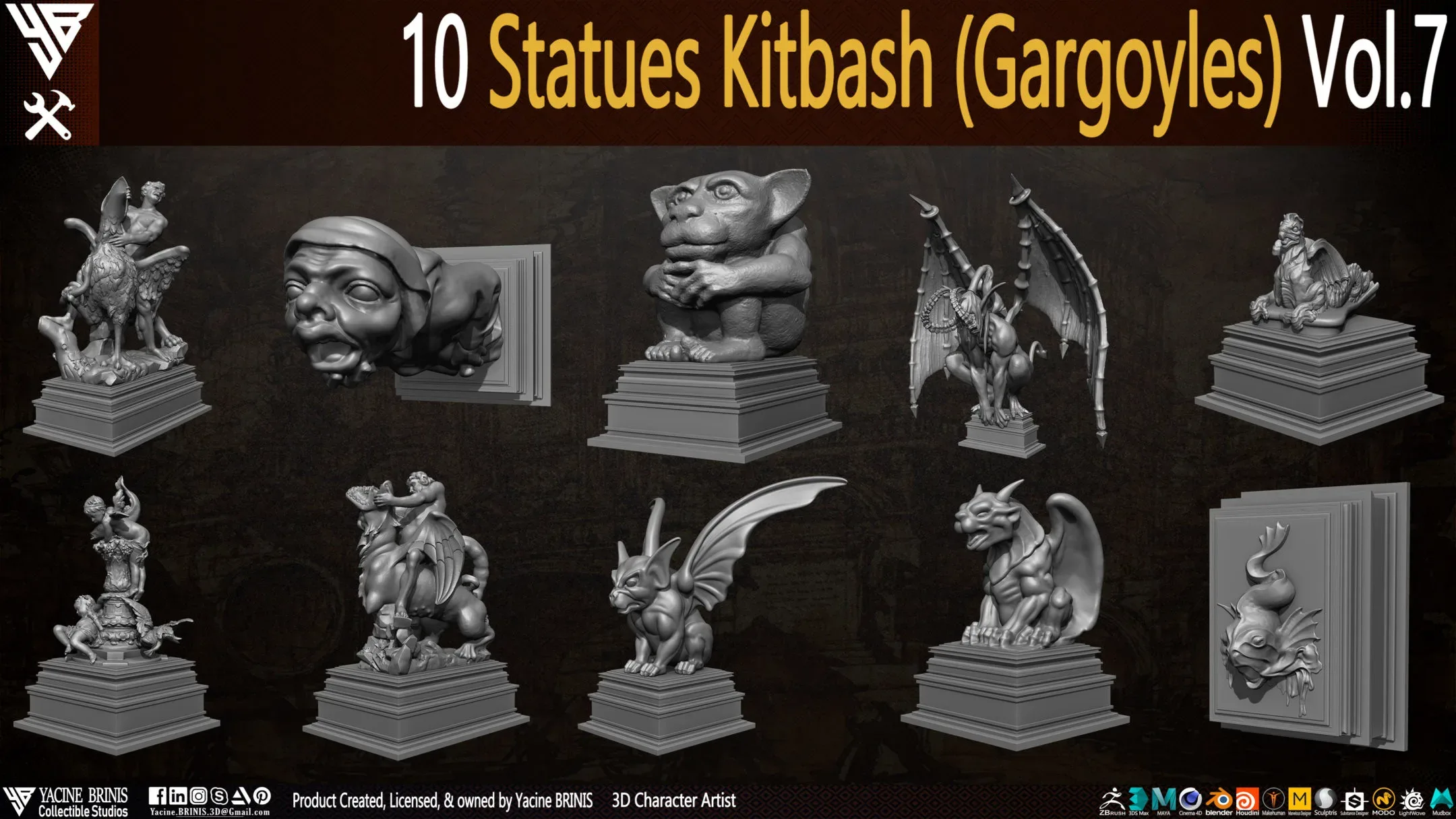 10 Statues Kitbash Gargoyles (IMM Brush, Obj, STL, & ZTL) Vol 7