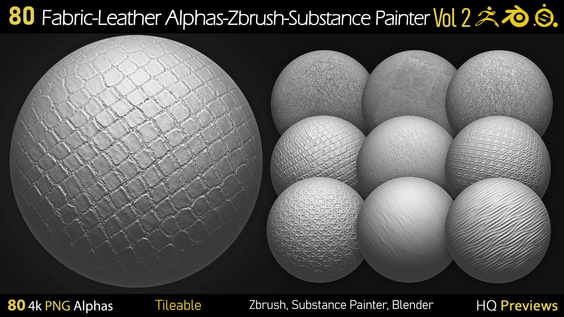 80 4K Fabric-Leather Tileble Alphas-PNG-Zbrush-Substance Painter-vol2