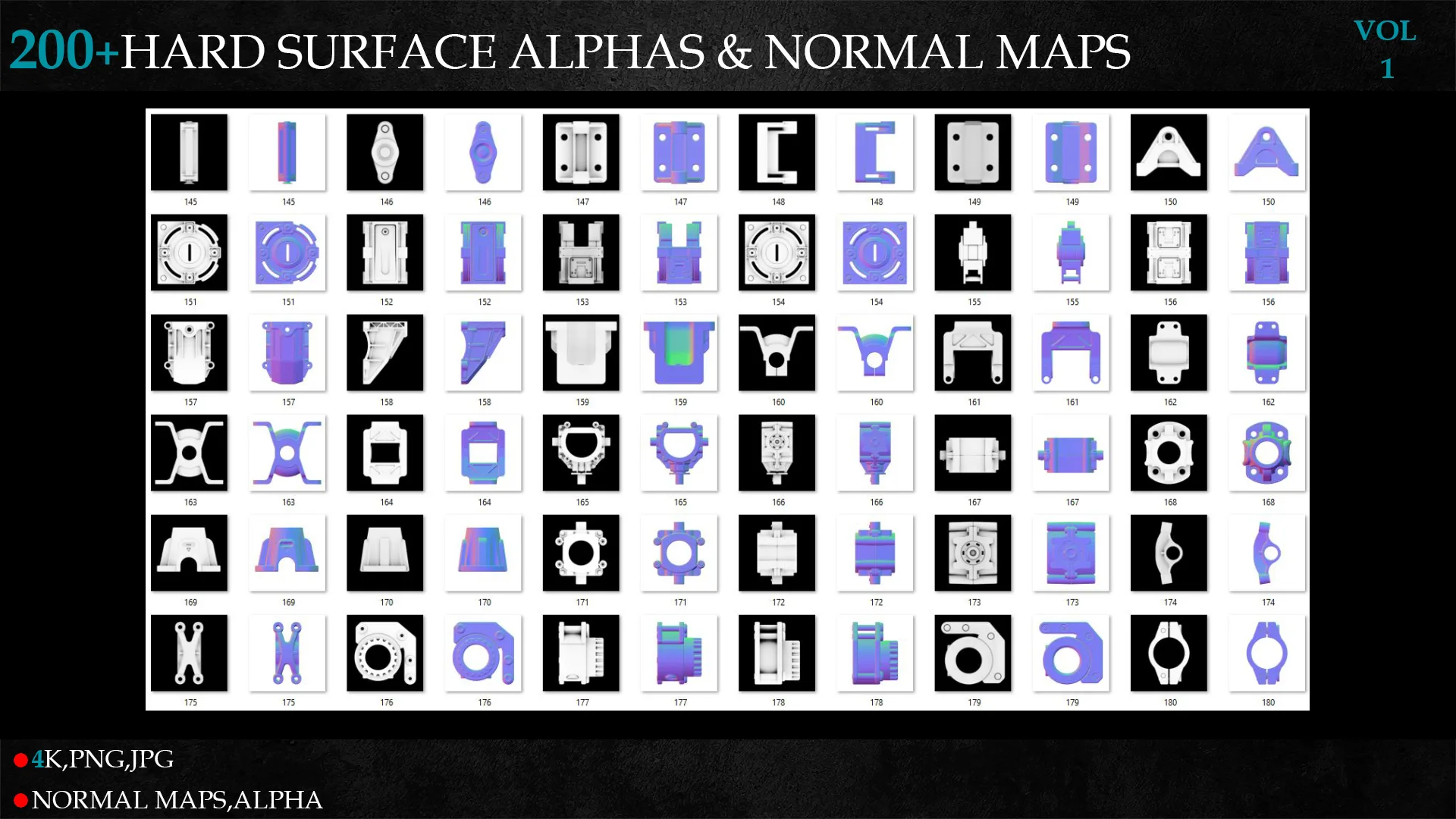 200+HARD SURFACE ALPHAS & NORMAL MAPS-vol 1