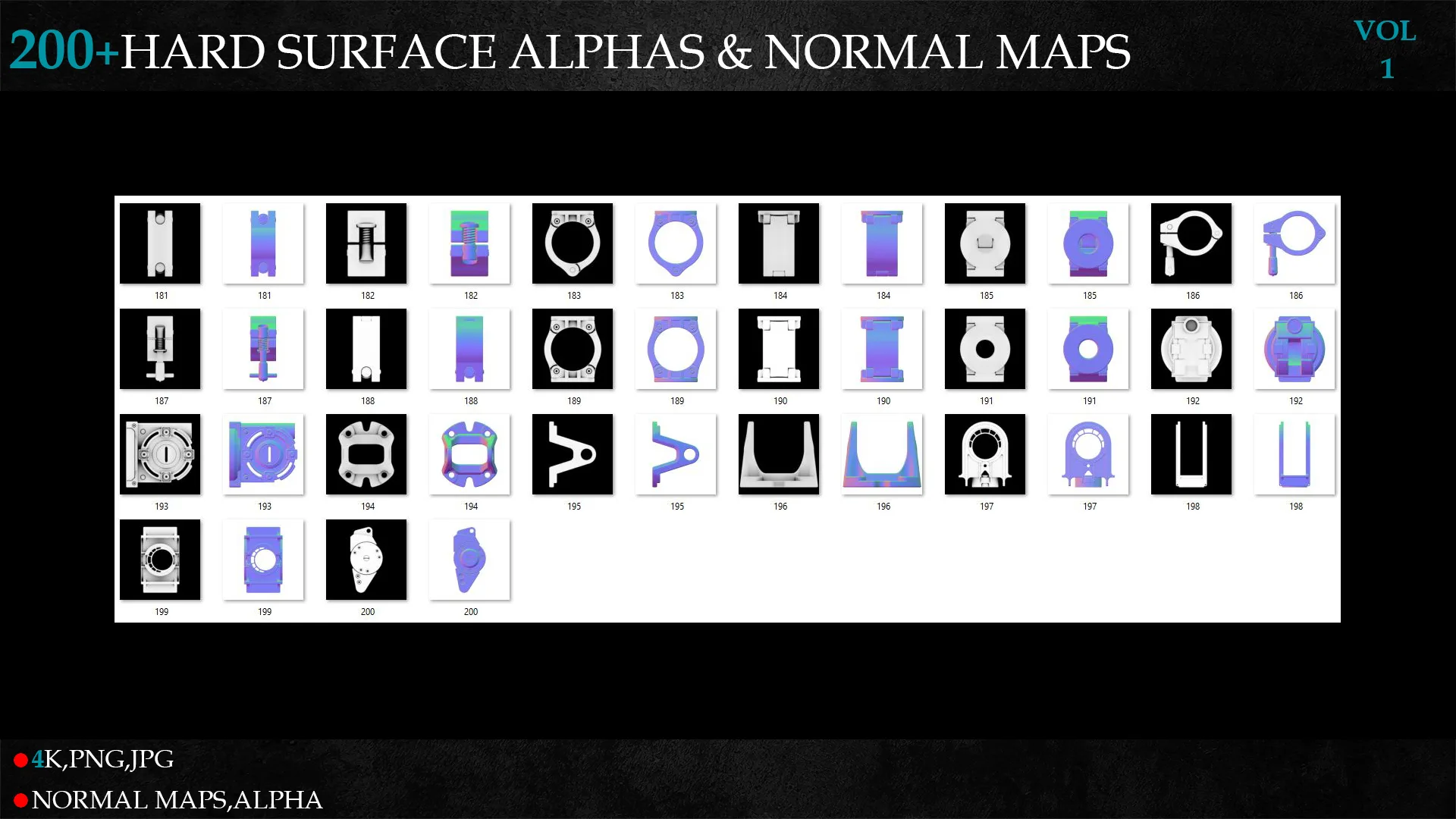 200+HARD SURFACE ALPHAS & NORMAL MAPS-vol 1