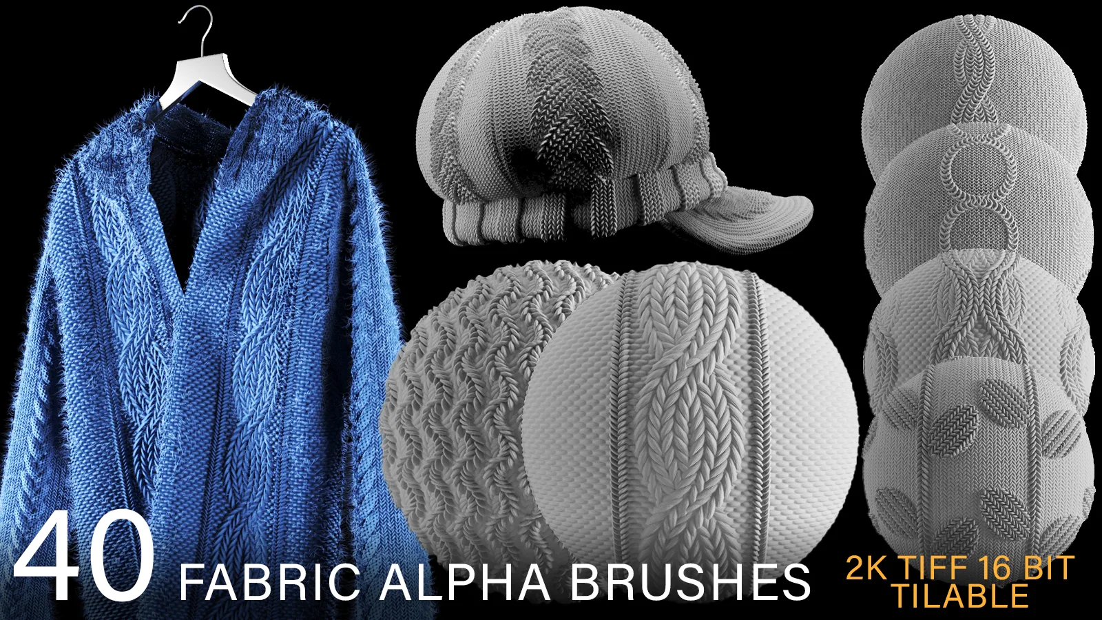 40 fabric alpha brush bundle : TRICOT & KNITTED (2k tiff 16 bit) + FREE video